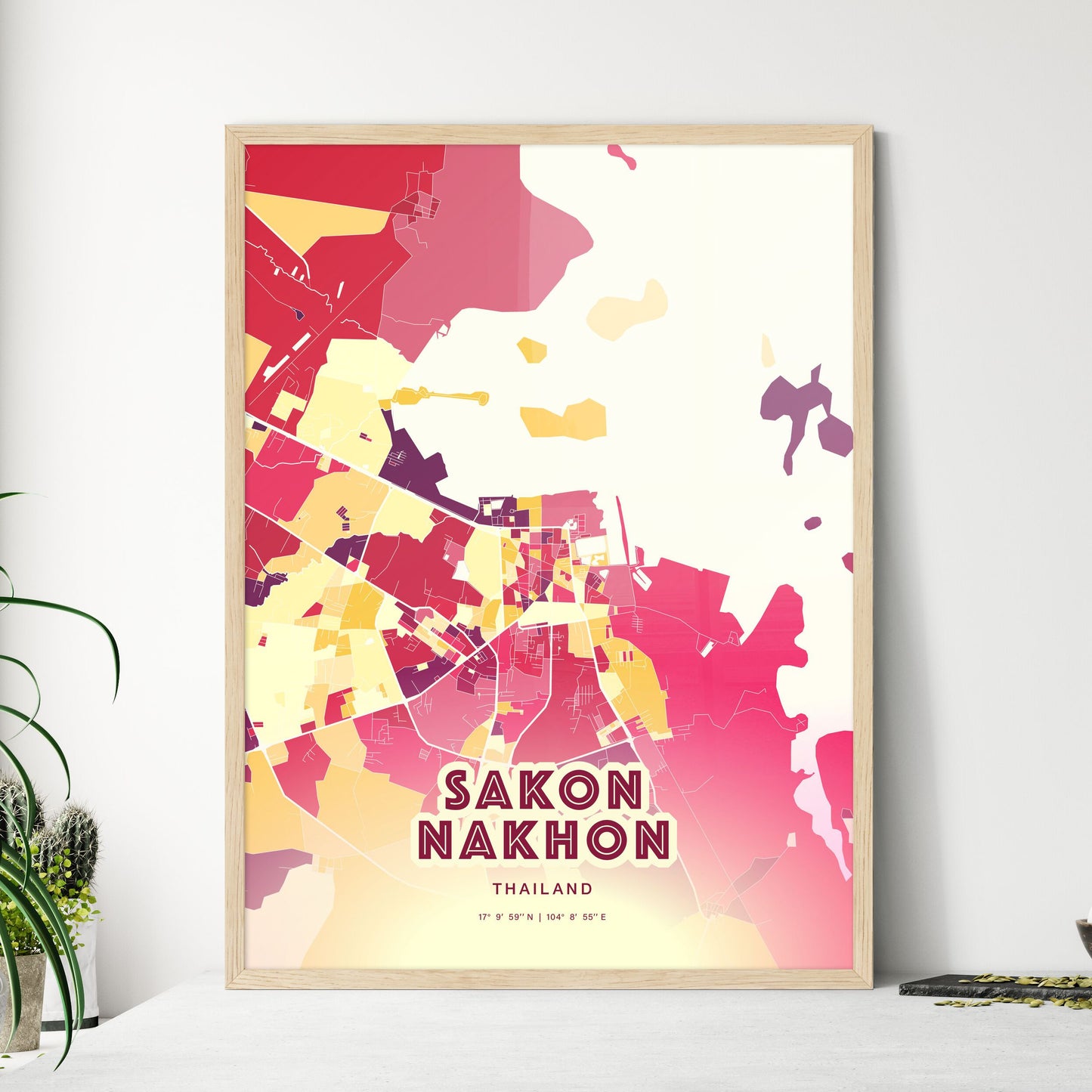 Colorful SAKON NAKHON THAILAND Fine Art Map Hot Red