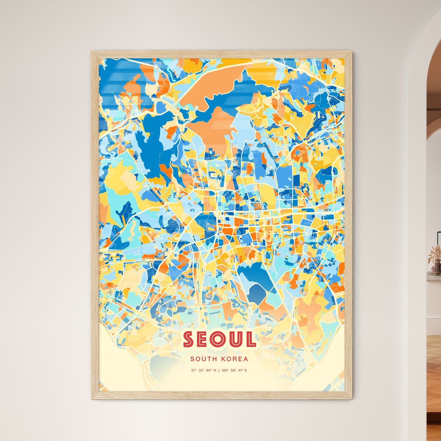 Colorful Seoul South Korea Fine Art Map Blue Orange