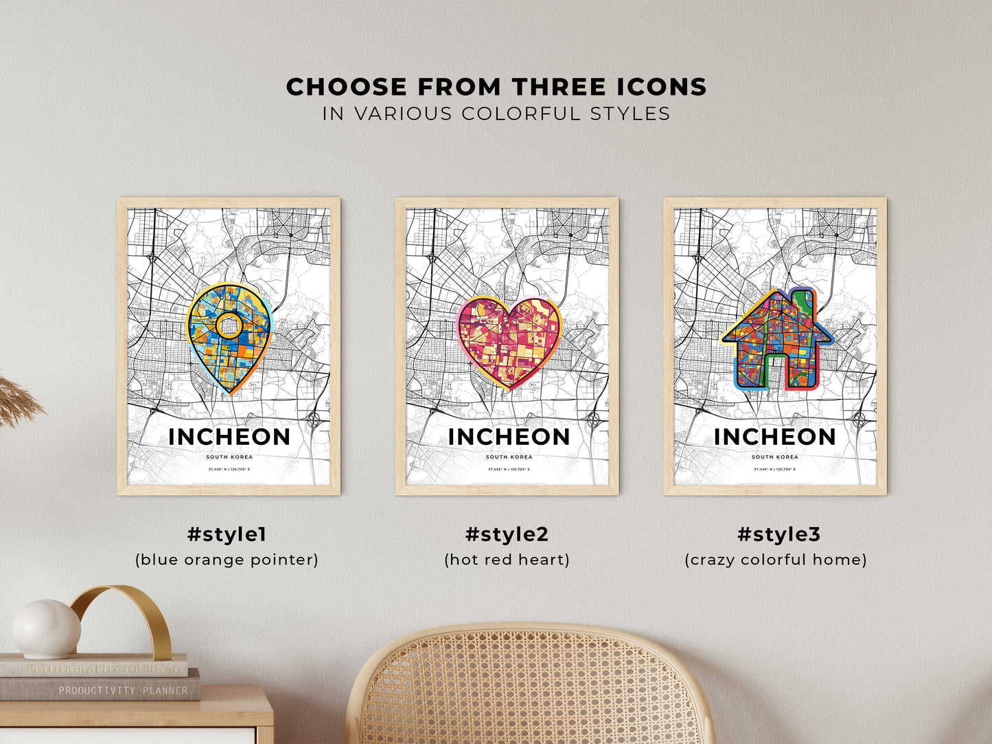 INCHEON SOUTH KOREA minimal art map with a colorful icon. Where it all began, Couple map gift.