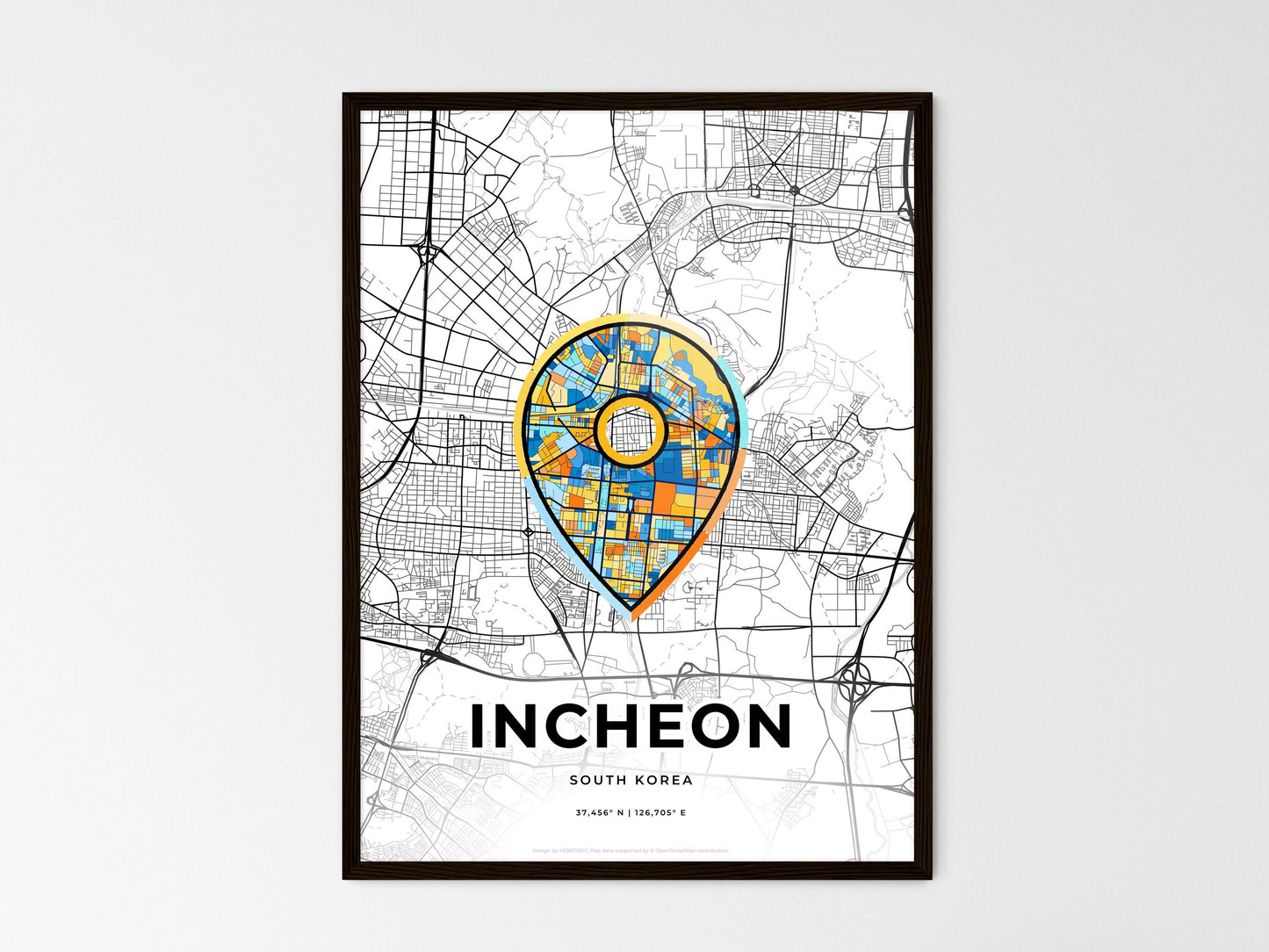 INCHEON SOUTH KOREA minimal art map with a colorful icon. Where it all began, Couple map gift. Style 1