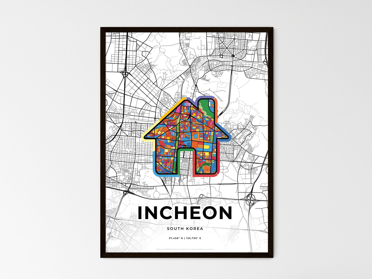 INCHEON SOUTH KOREA minimal art map with a colorful icon. Where it all began, Couple map gift. Style 3