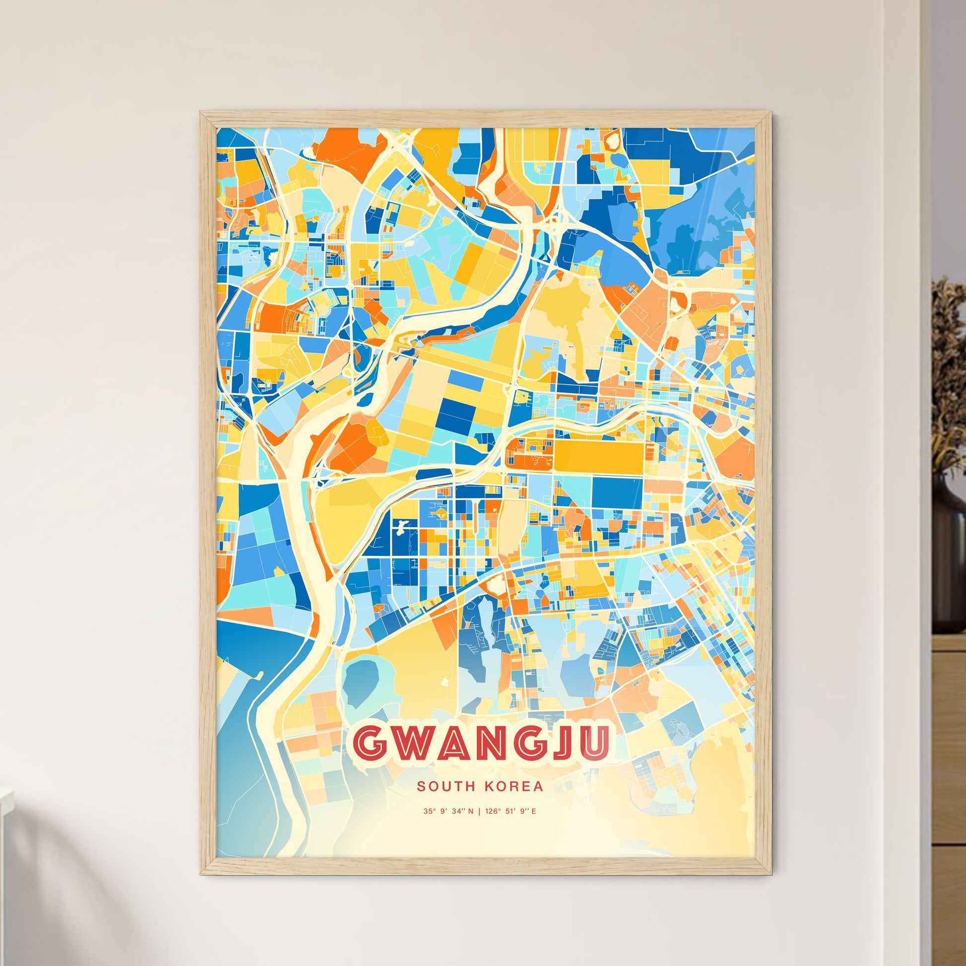 Colorful Gwangju South Korea Fine Art Map Blue Orange