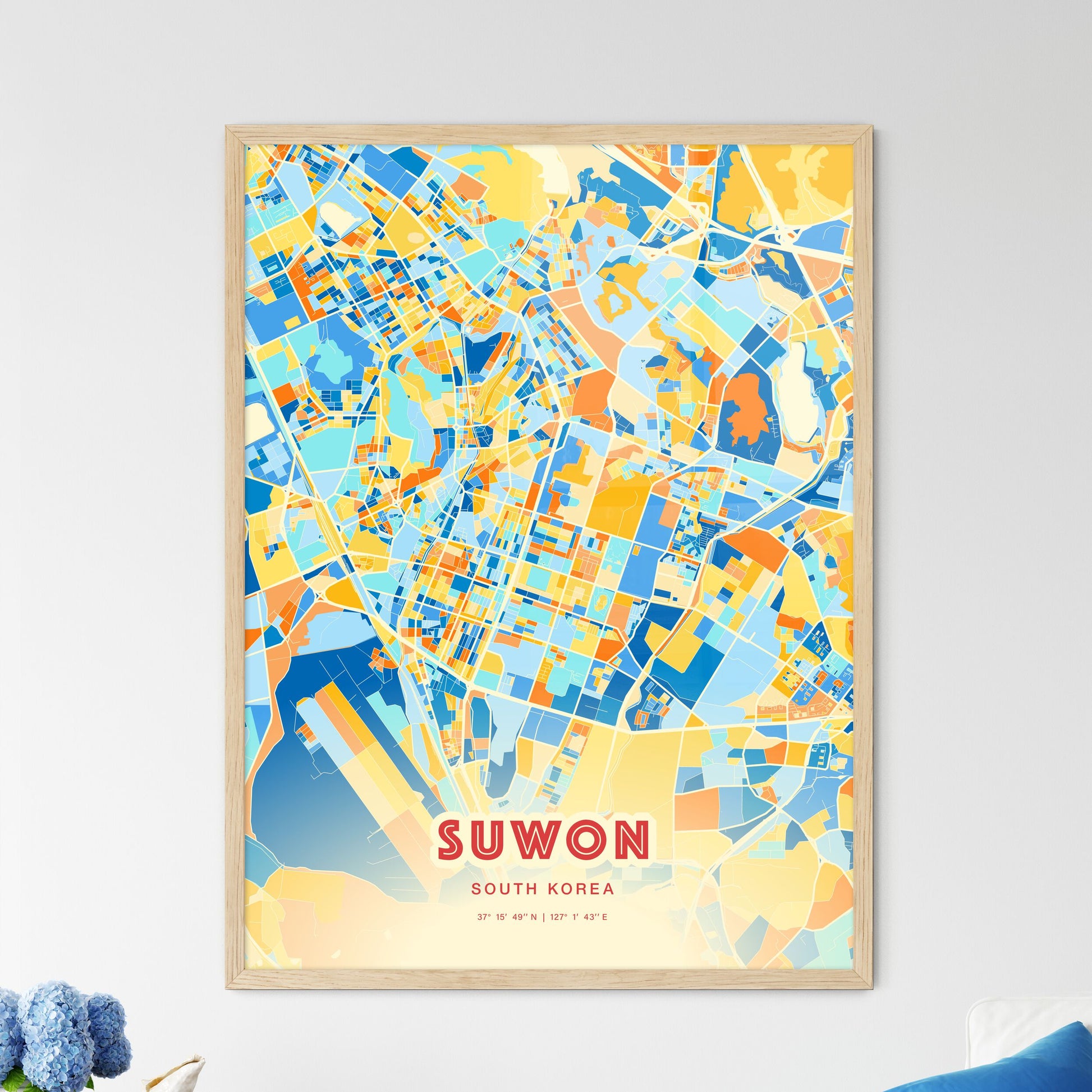 Colorful Suwon South Korea Fine Art Map Blue Orange