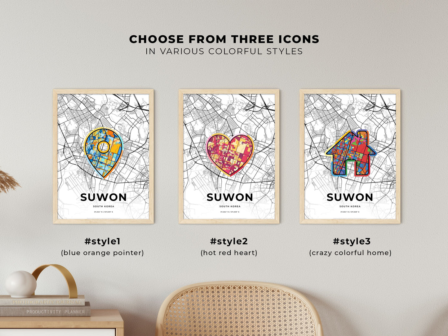 Suwon South Korea maps with colorful icons