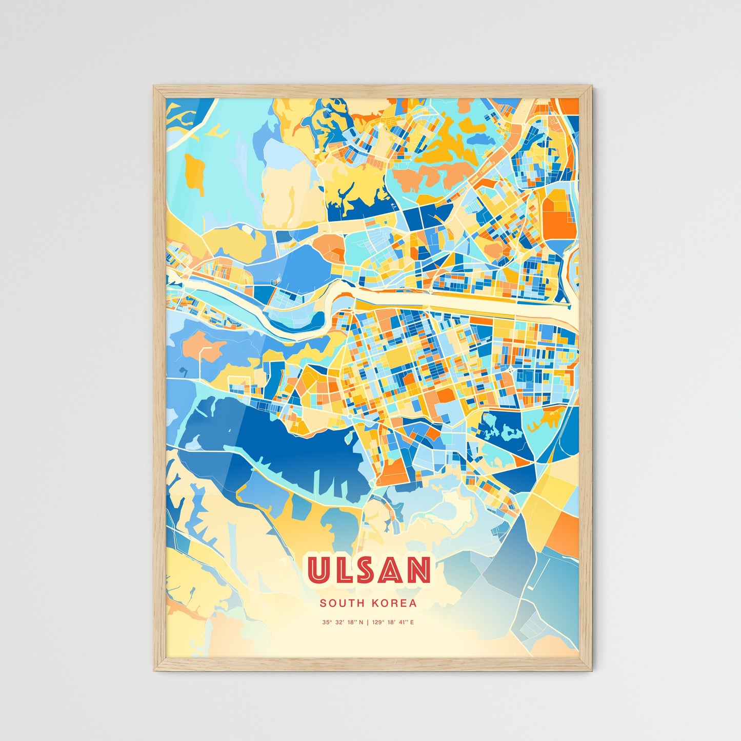 Colorful ULSAN SOUTH KOREA Fine Art Map Blue Orange