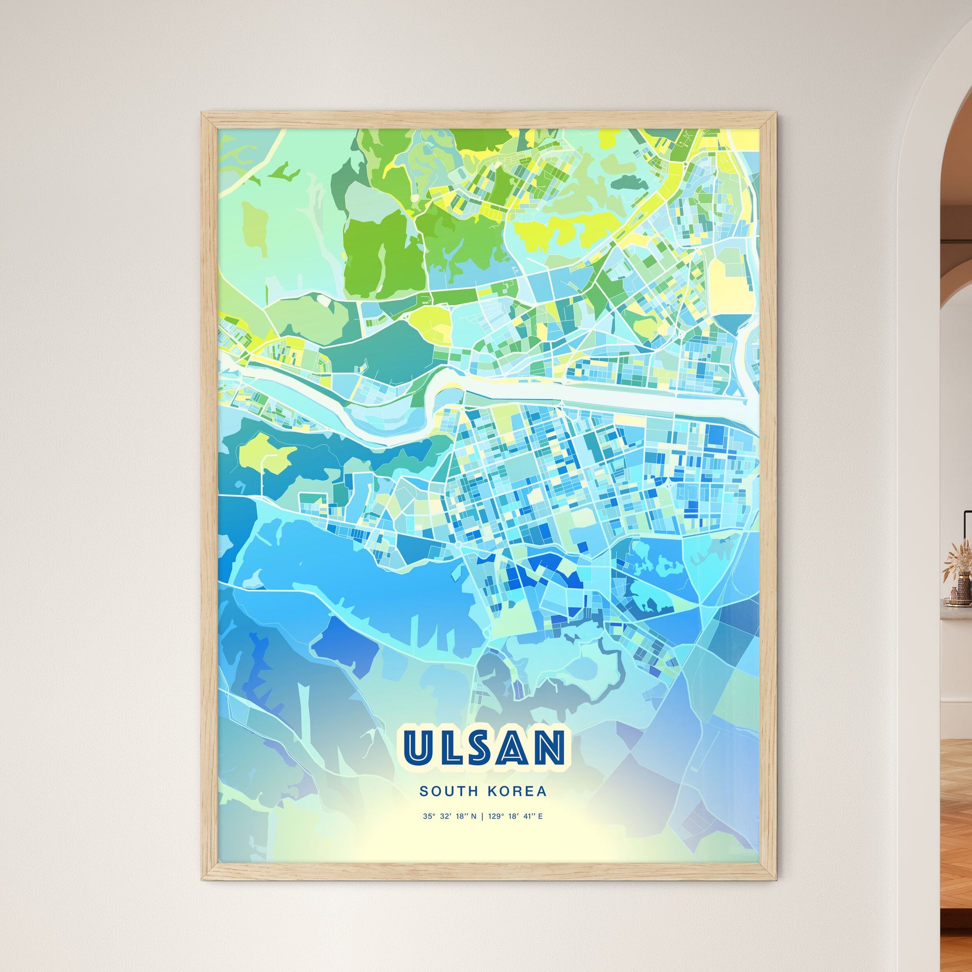 Colorful ULSAN SOUTH KOREA Fine Art Map Cool Blue