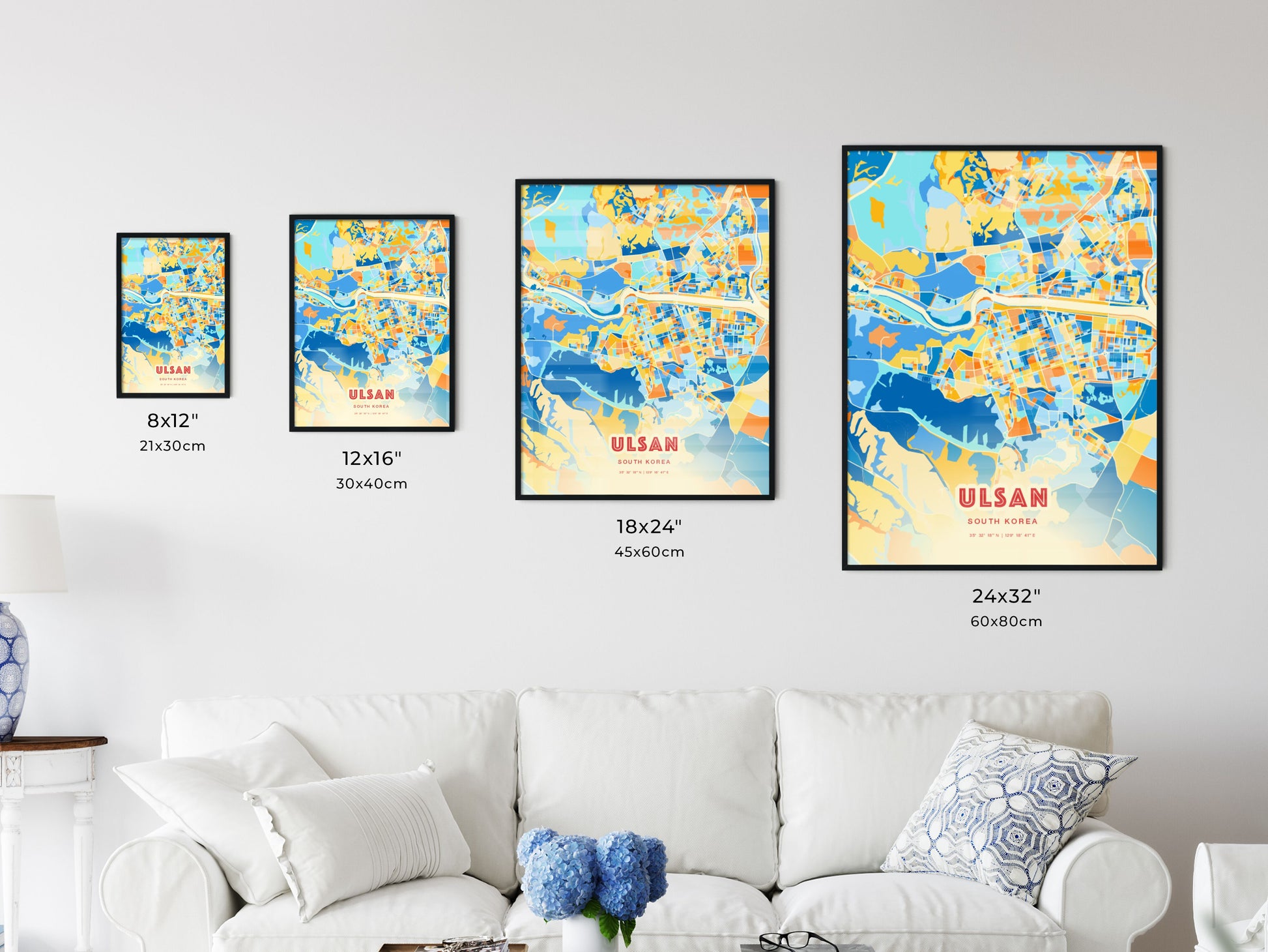 Colorful ULSAN SOUTH KOREA Fine Art Map Blue Orange