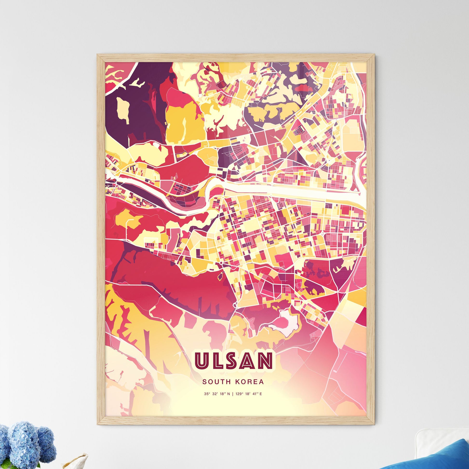 Colorful ULSAN SOUTH KOREA Fine Art Map Hot Red