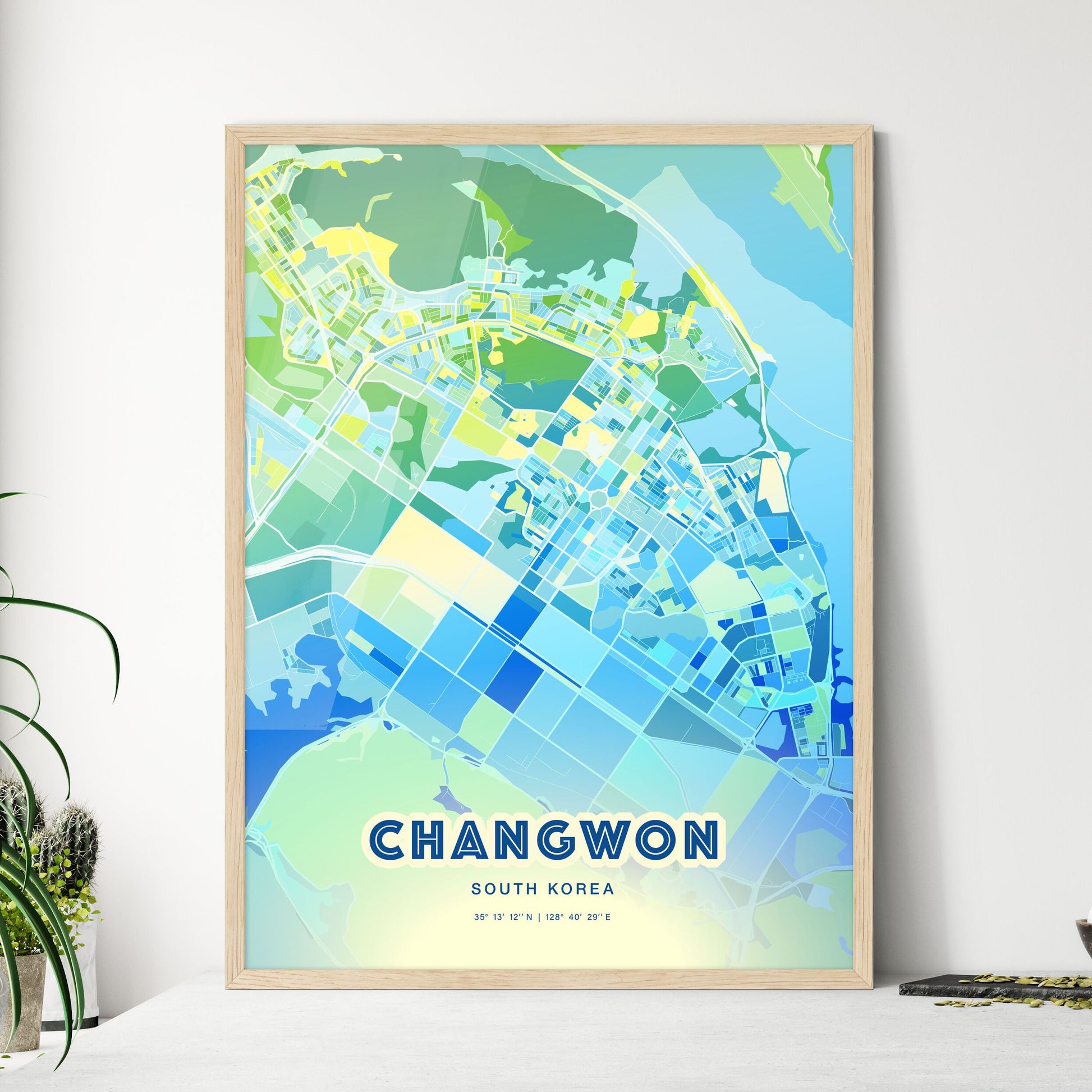 Colorful CHANGWON SOUTH KOREA Fine Art Map Cool Blue