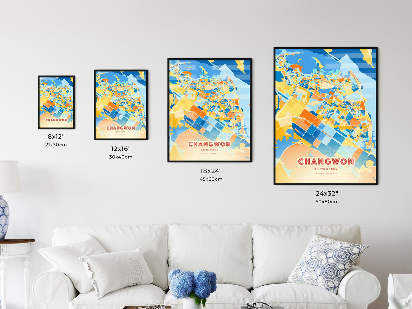 Colorful CHANGWON SOUTH KOREA Fine Art Map Blue Orange