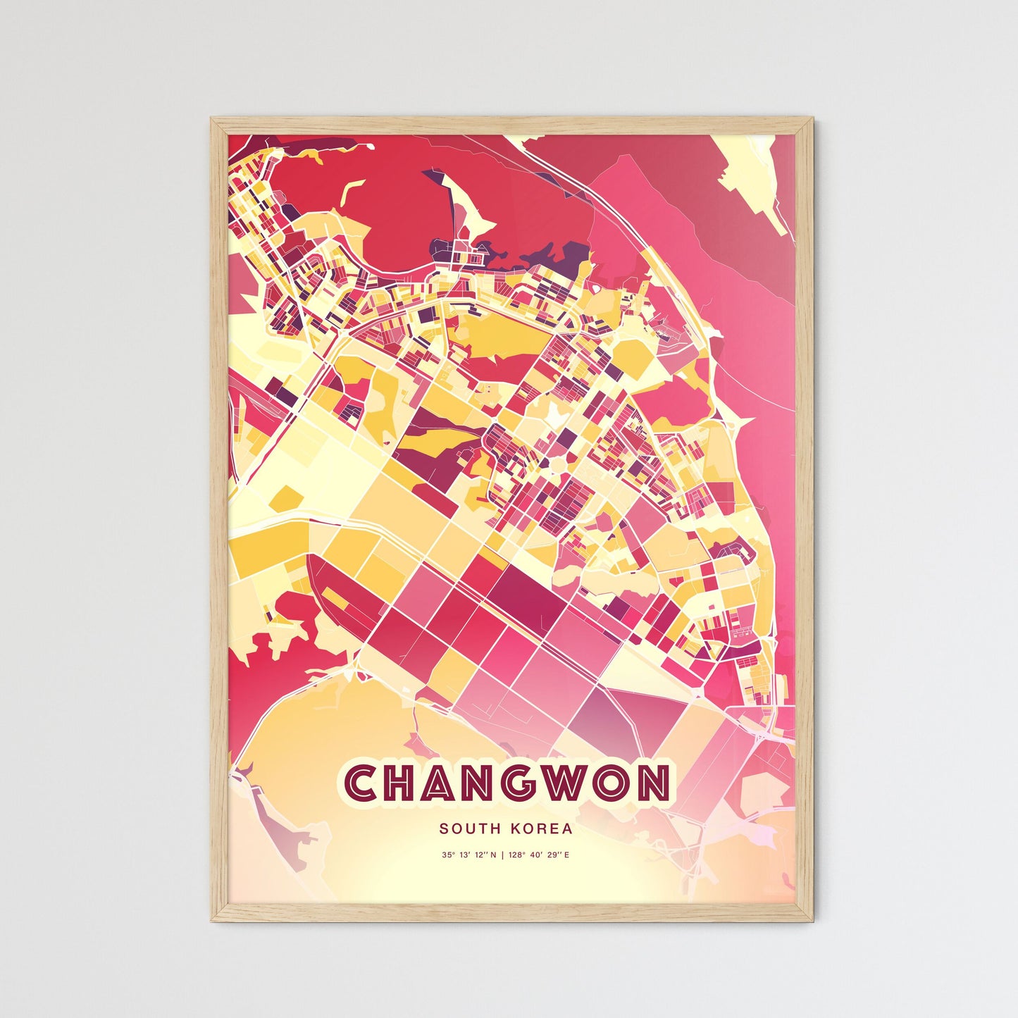 Colorful CHANGWON SOUTH KOREA Fine Art Map Hot Red