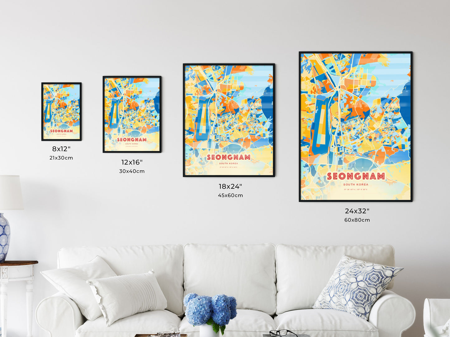 Colorful SEONGNAM SOUTH KOREA Fine Art Map Blue Orange