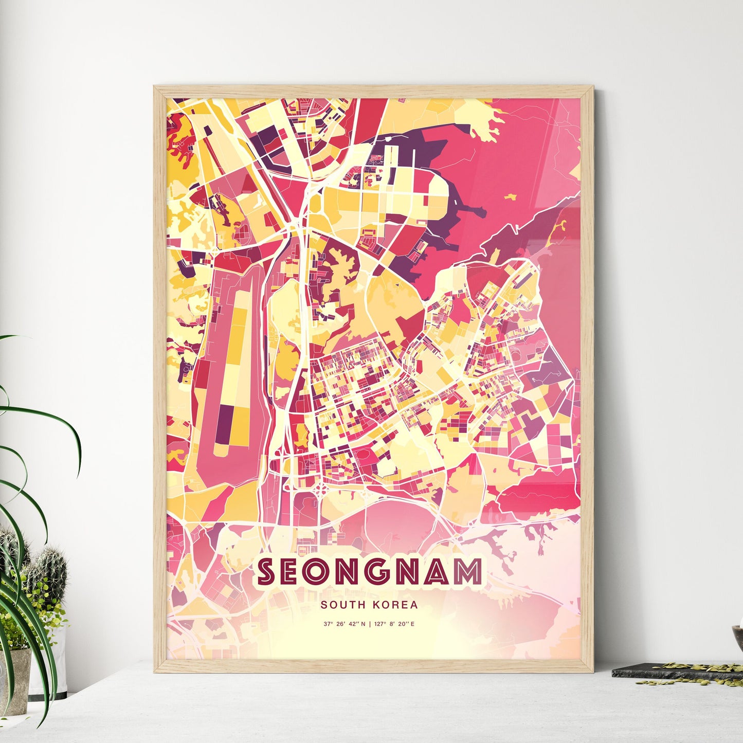 Colorful SEONGNAM SOUTH KOREA Fine Art Map Hot Red