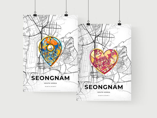 SEONGNAM SOUTH KOREA minimal art map with a colorful icon. Where it all began, Couple map gift.