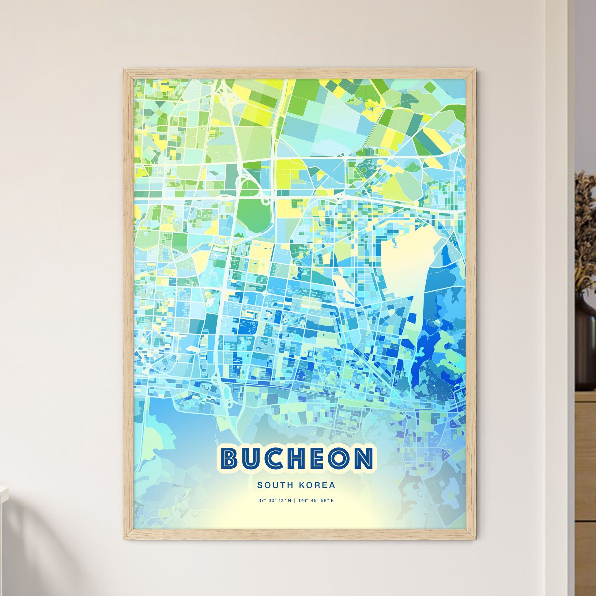 Colorful BUCHEON SOUTH KOREA Fine Art Map Cool Blue