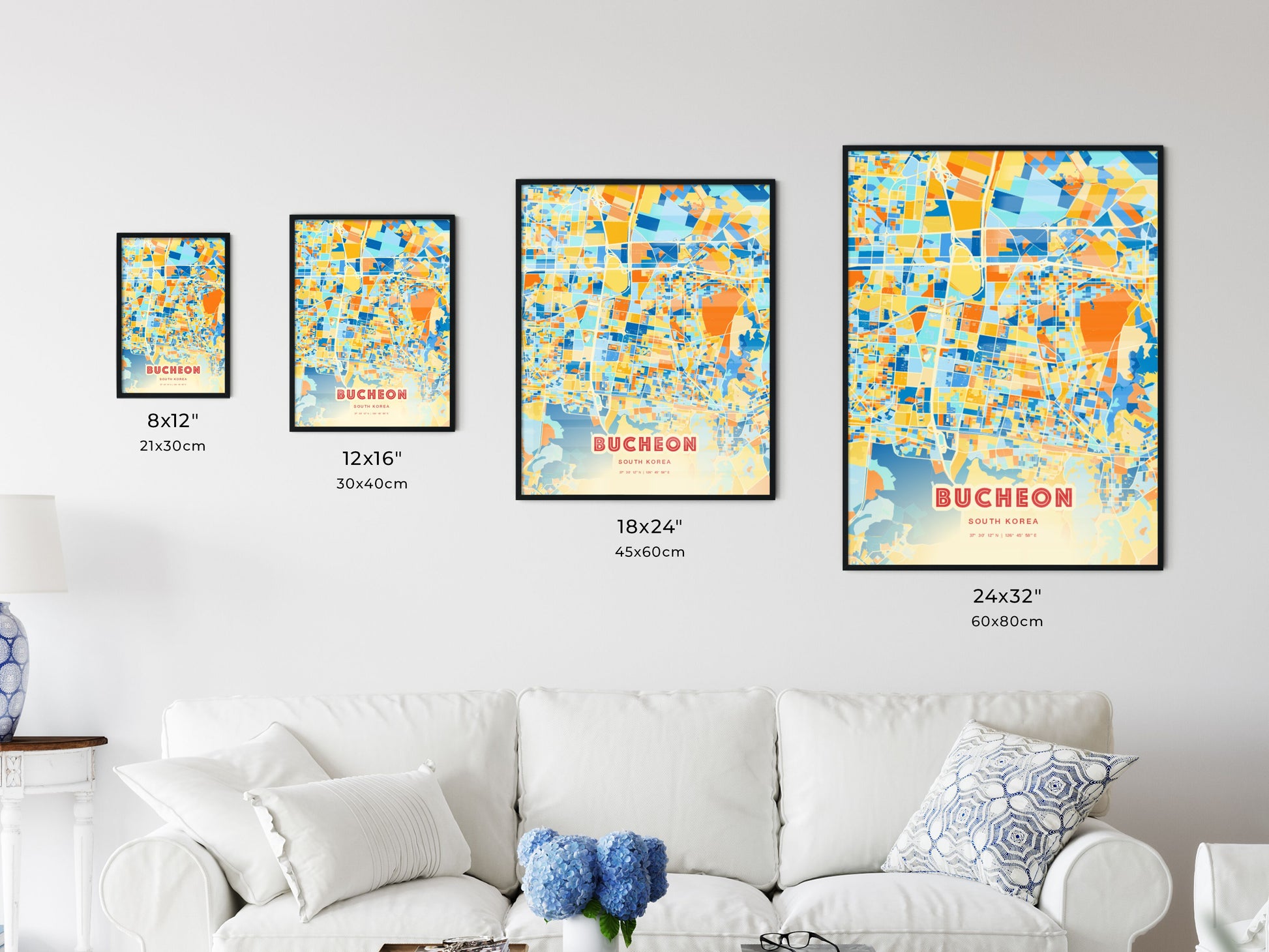 Colorful BUCHEON SOUTH KOREA Fine Art Map Blue Orange