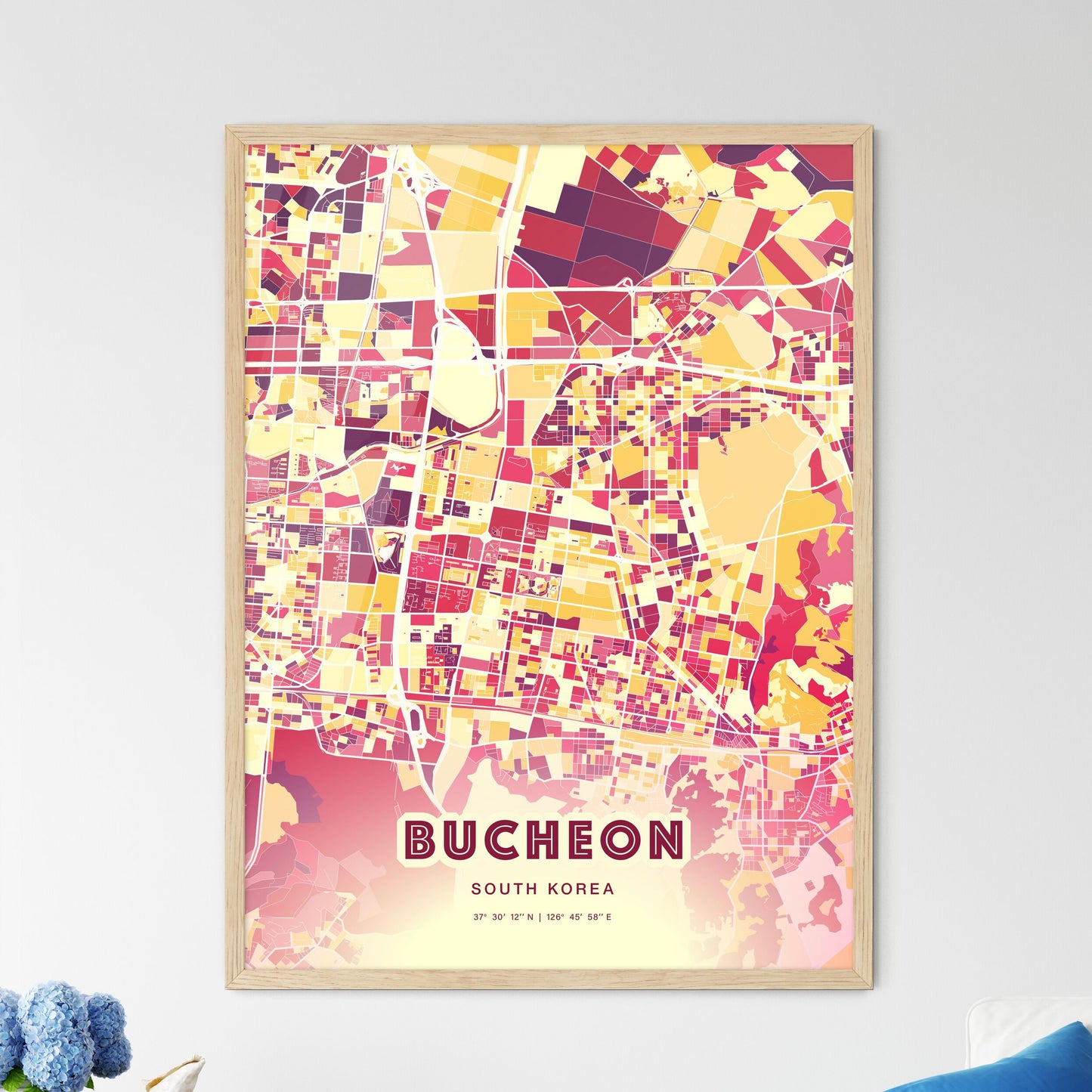 Colorful BUCHEON SOUTH KOREA Fine Art Map Hot Red