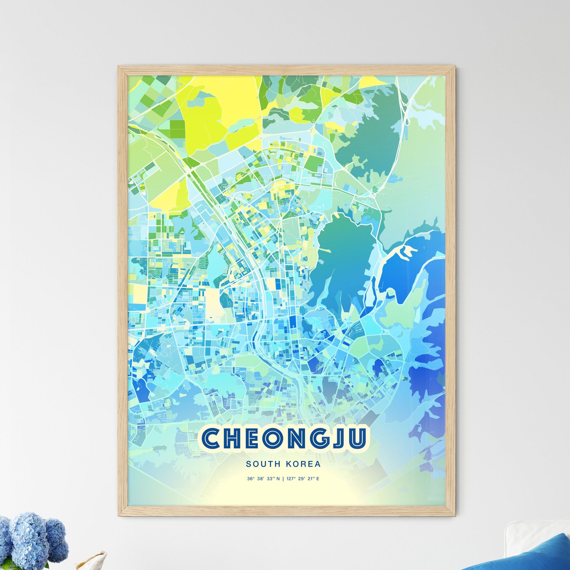 Colorful CHEONGJU SOUTH KOREA Fine Art Map Cool Blue