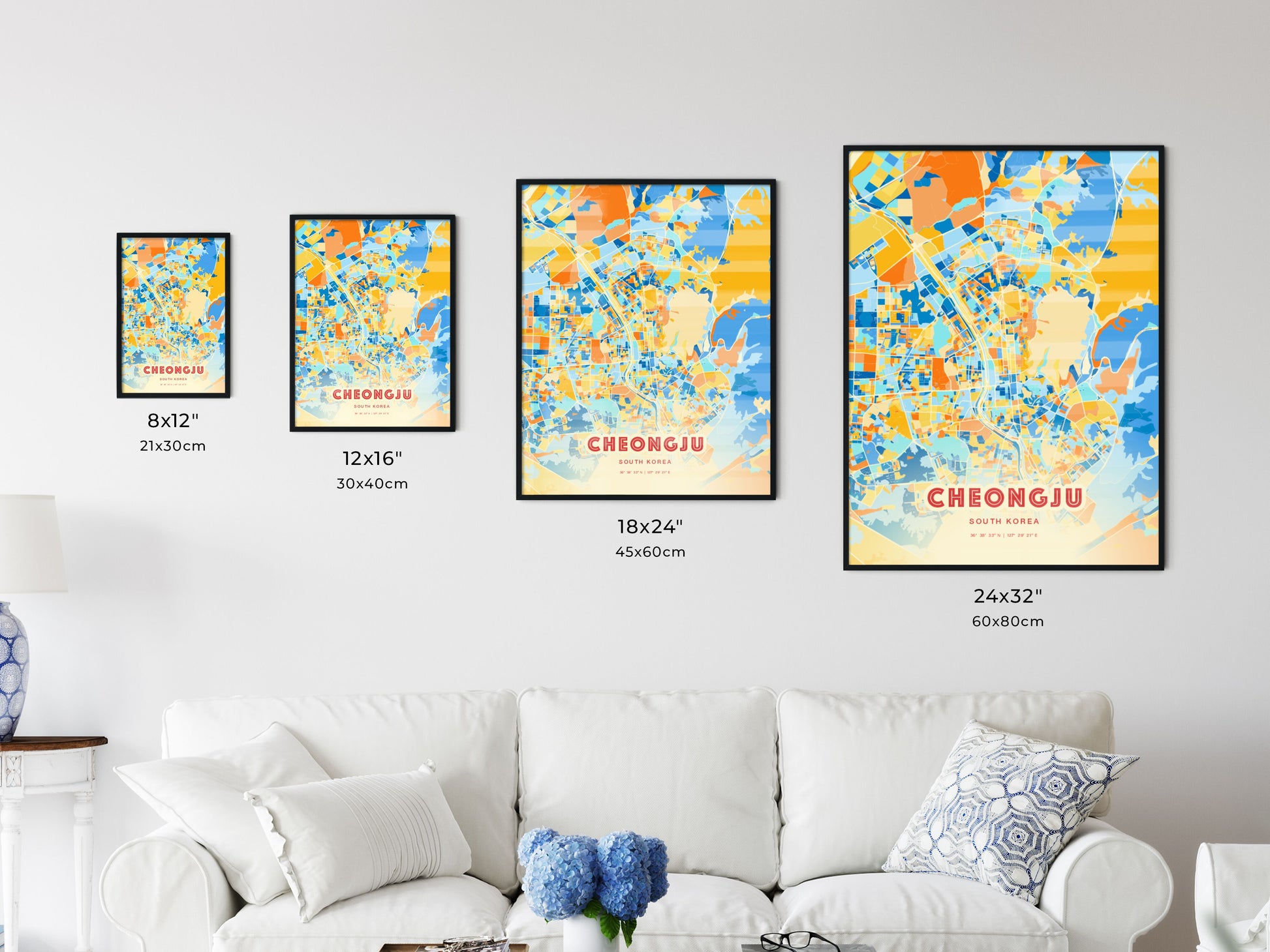 Colorful CHEONGJU SOUTH KOREA Fine Art Map Blue Orange