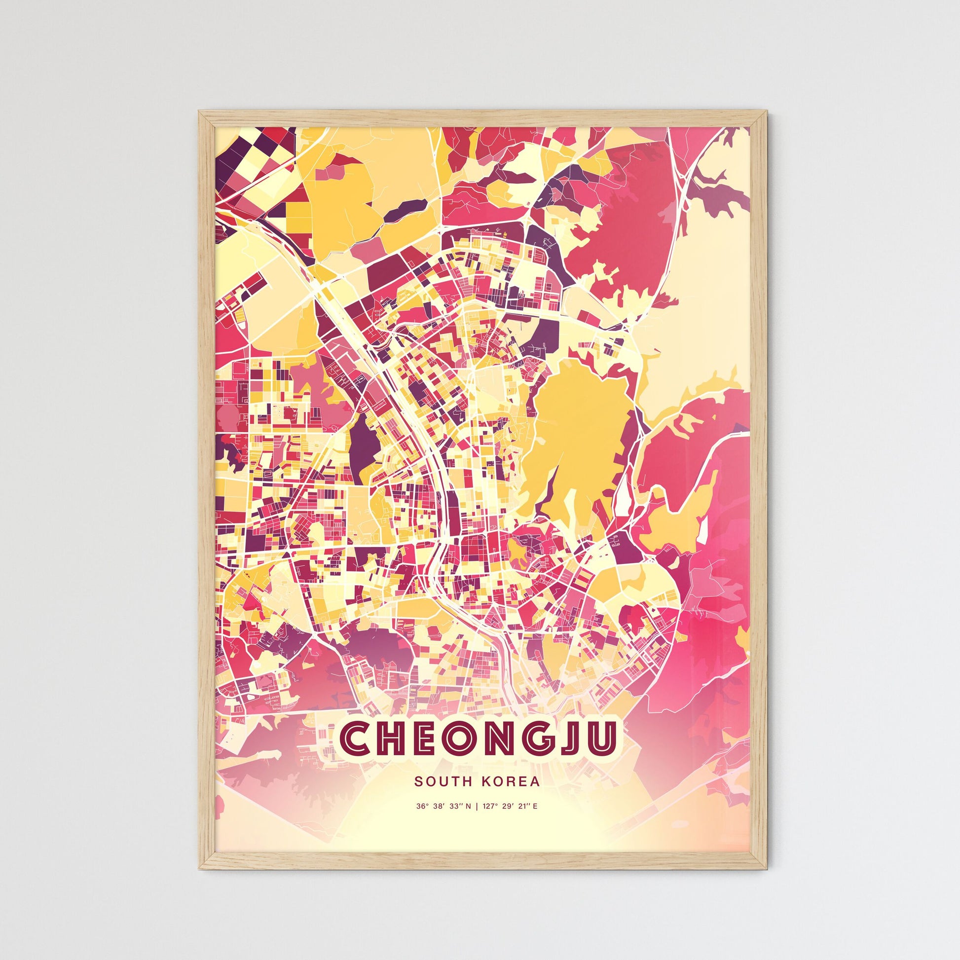 Colorful CHEONGJU SOUTH KOREA Fine Art Map Hot Red