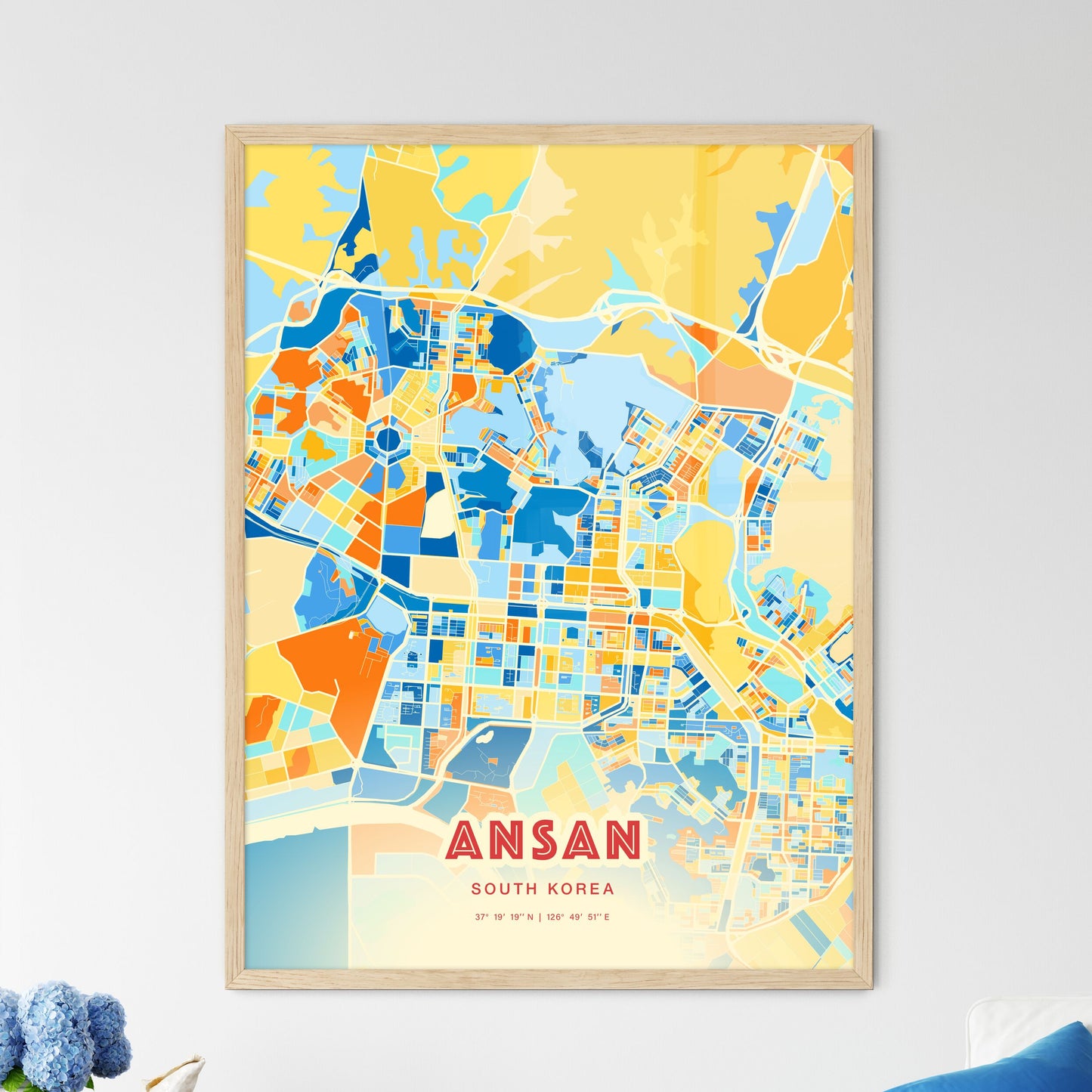 Colorful ANSAN SOUTH KOREA Fine Art Map Blue Orange