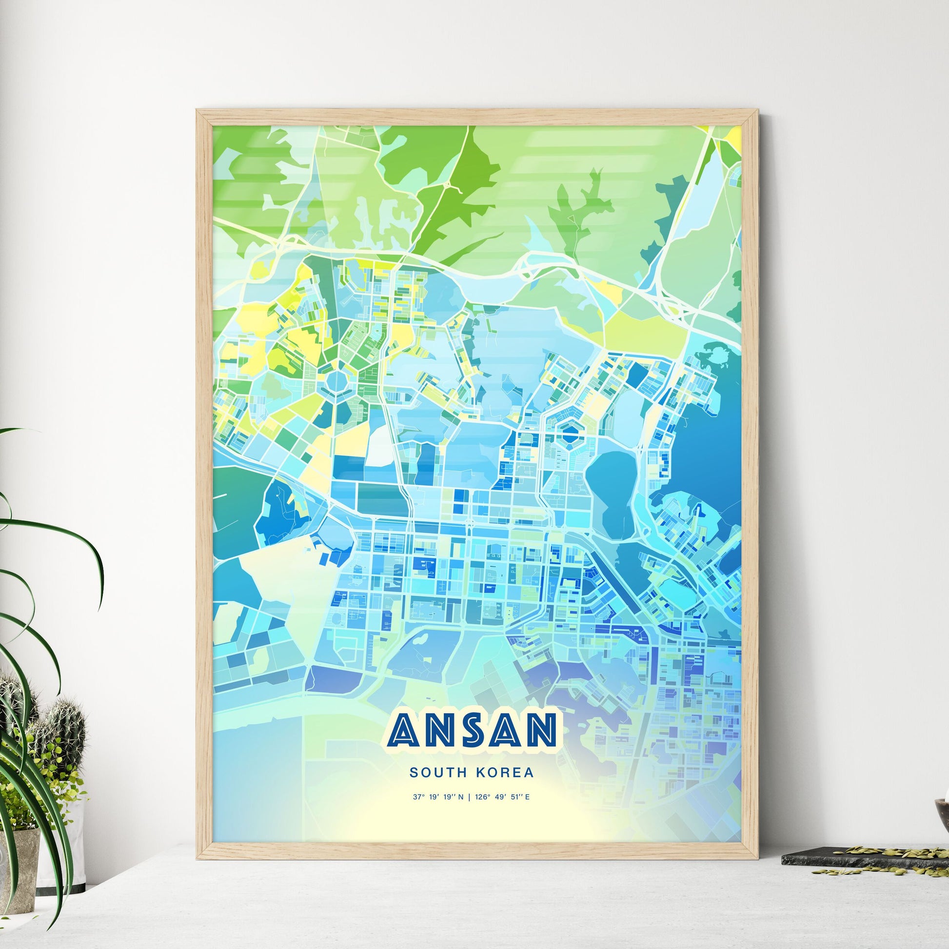 Colorful ANSAN SOUTH KOREA Fine Art Map Cool Blue