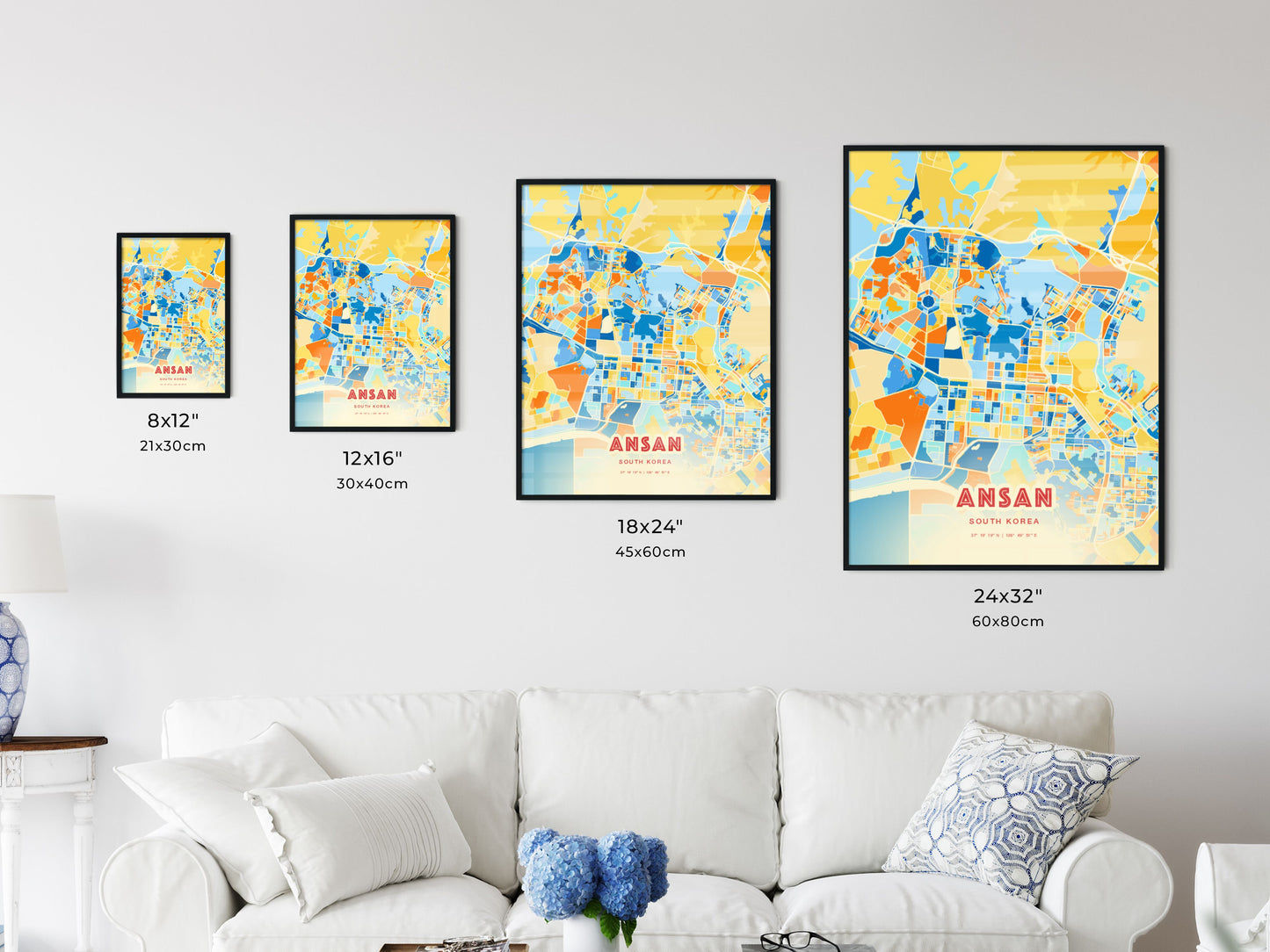 Colorful ANSAN SOUTH KOREA Fine Art Map Blue Orange