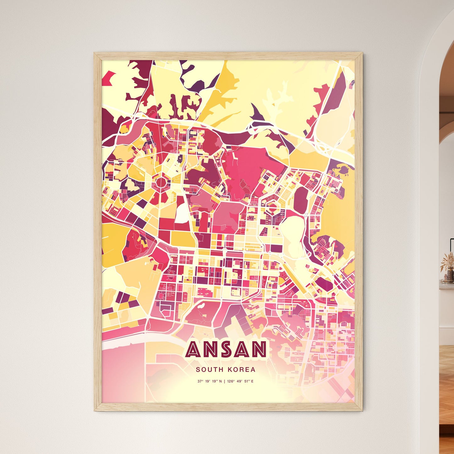 Colorful ANSAN SOUTH KOREA Fine Art Map Hot Red