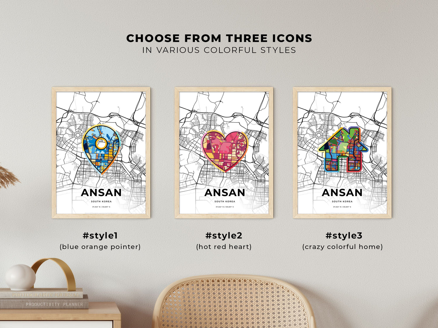 ANSAN SOUTH KOREA minimal art map with a colorful icon. Where it all began, Couple map gift.