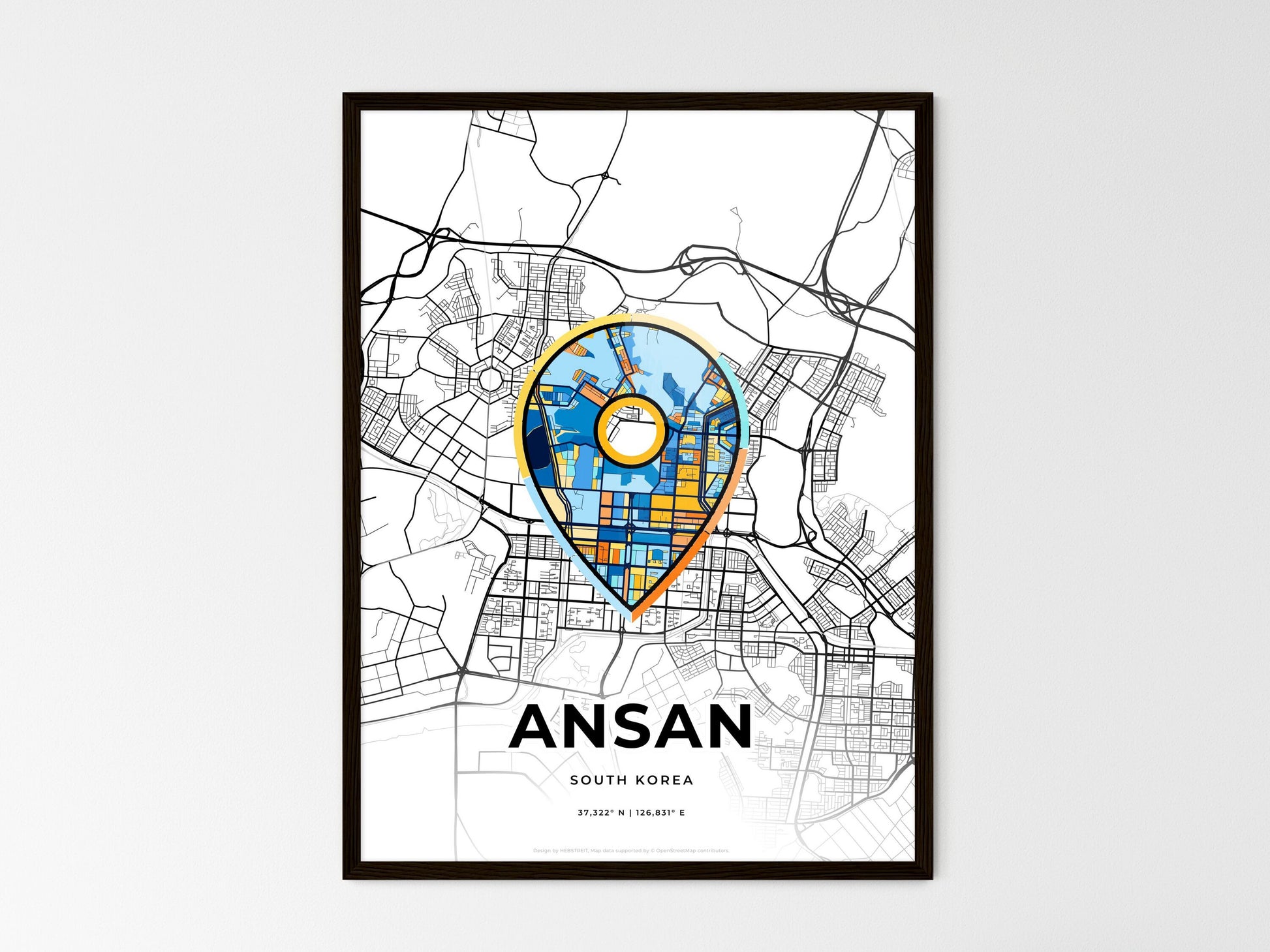 ANSAN SOUTH KOREA minimal art map with a colorful icon. Where it all began, Couple map gift. Style 1