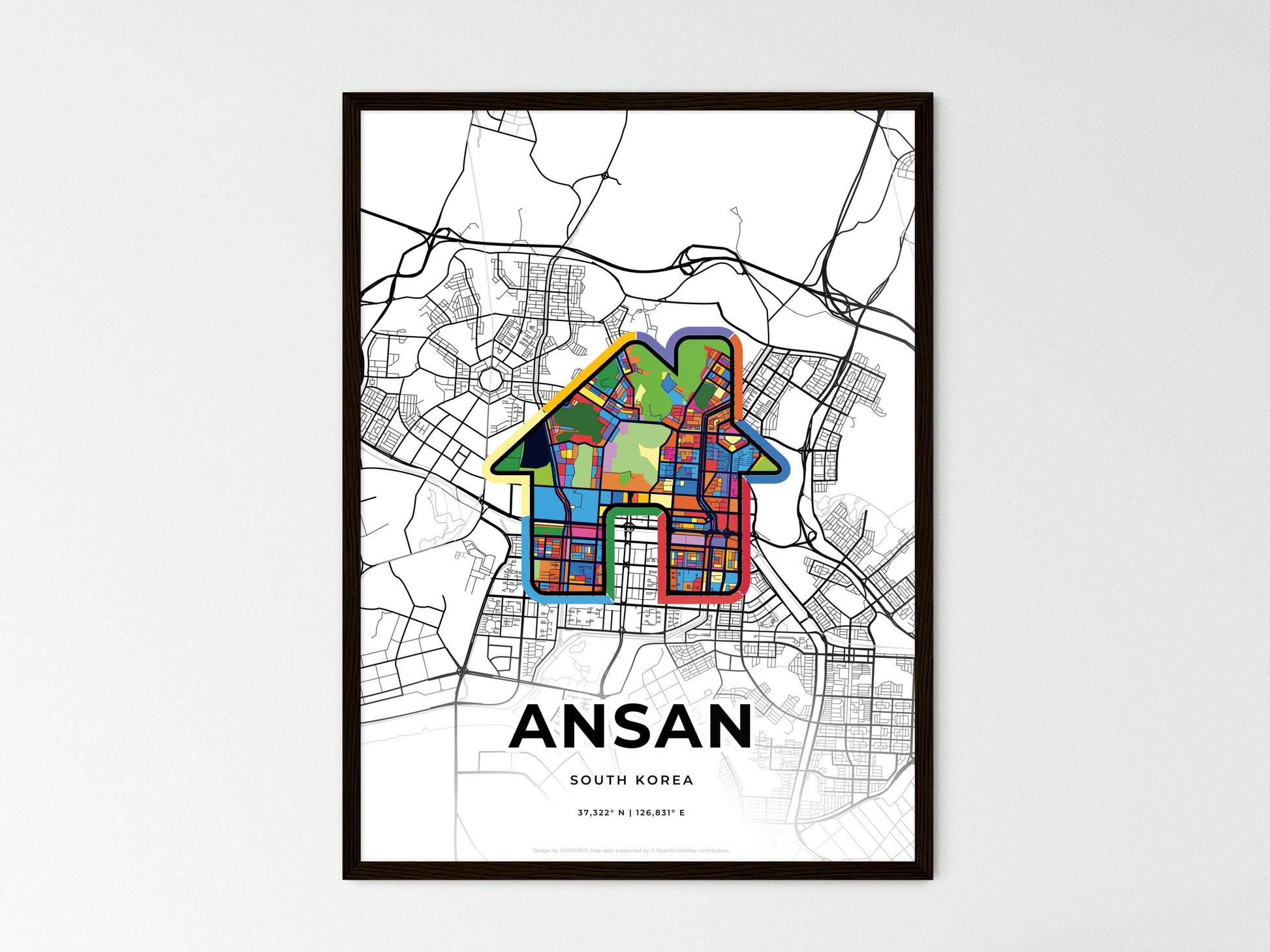 ANSAN SOUTH KOREA minimal art map with a colorful icon. Where it all began, Couple map gift. Style 3