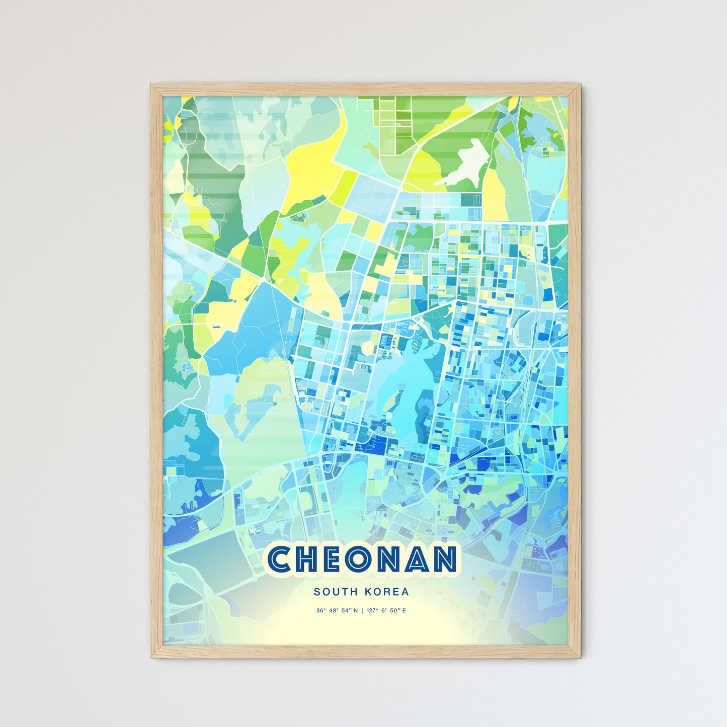 Colorful CHEONAN SOUTH KOREA Fine Art Map Cool Blue