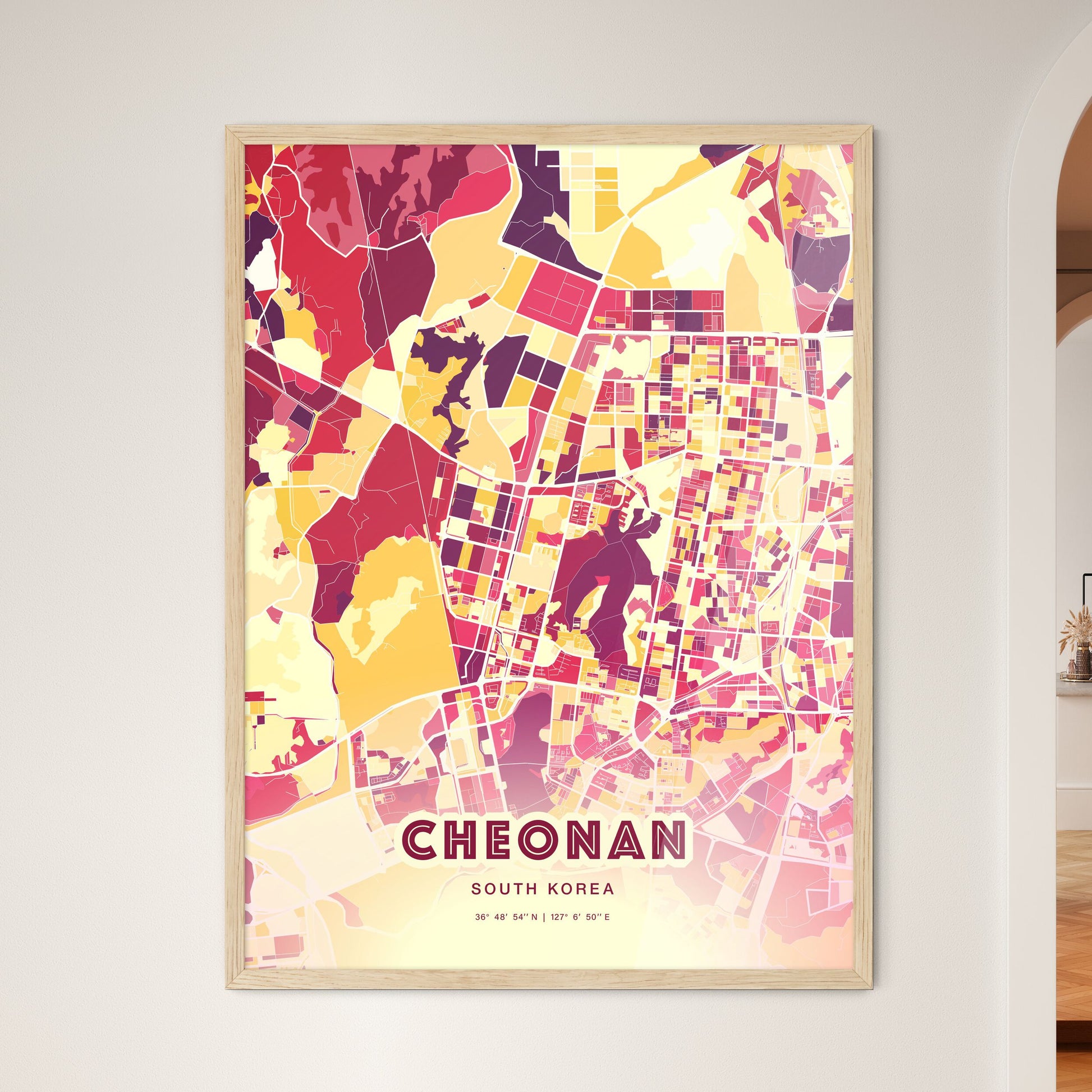 Colorful CHEONAN SOUTH KOREA Fine Art Map Hot Red