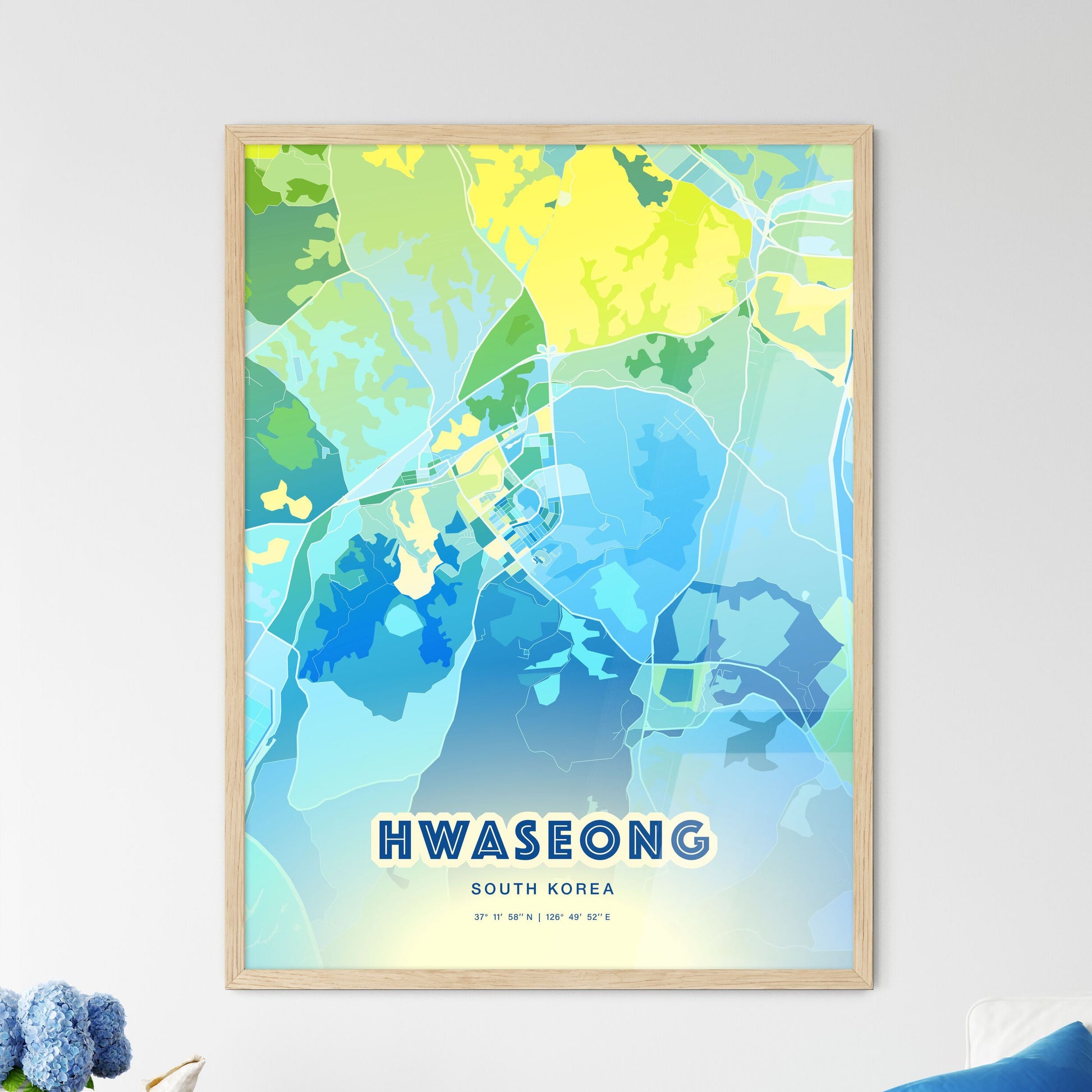 Colorful HWASEONG SOUTH KOREA Fine Art Map Cool Blue