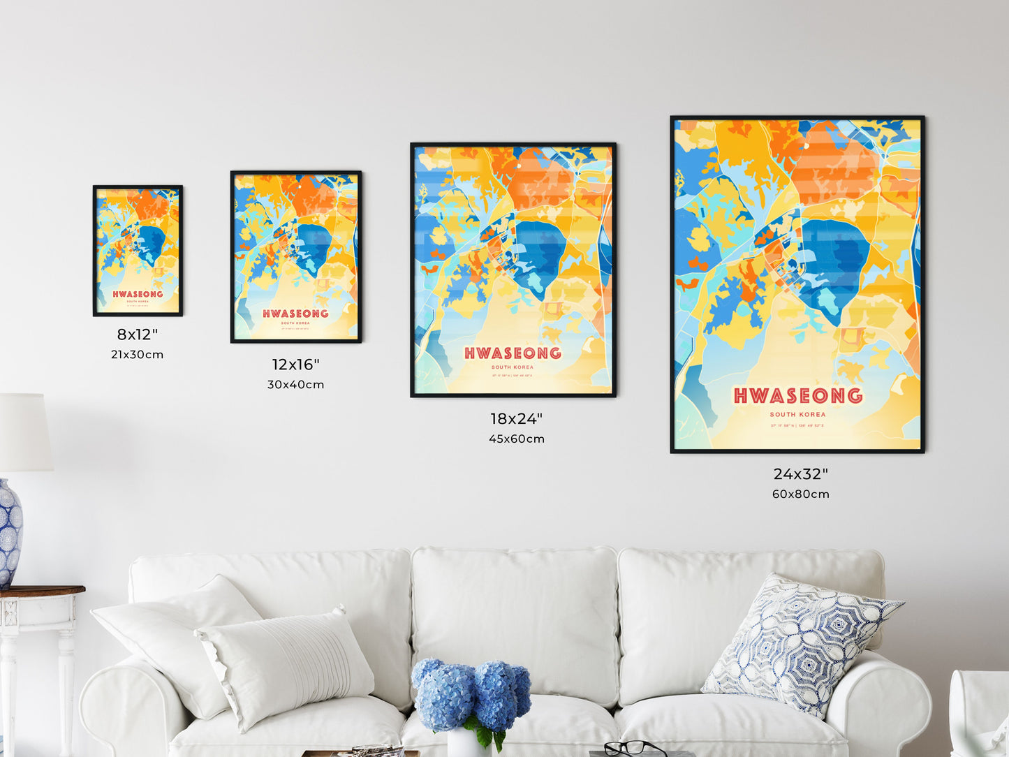 Colorful HWASEONG SOUTH KOREA Fine Art Map Blue Orange