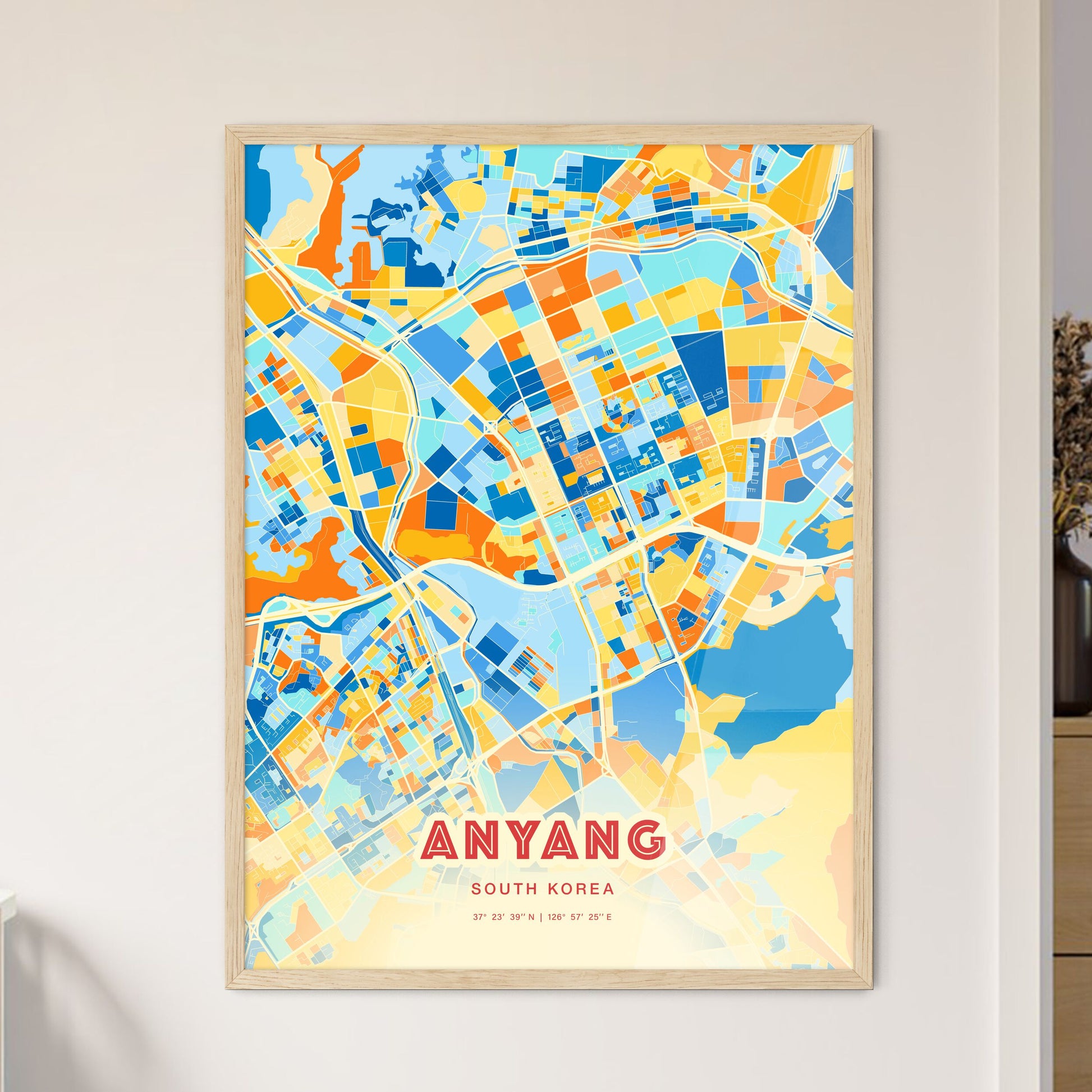 Colorful ANYANG SOUTH KOREA Fine Art Map Blue Orange