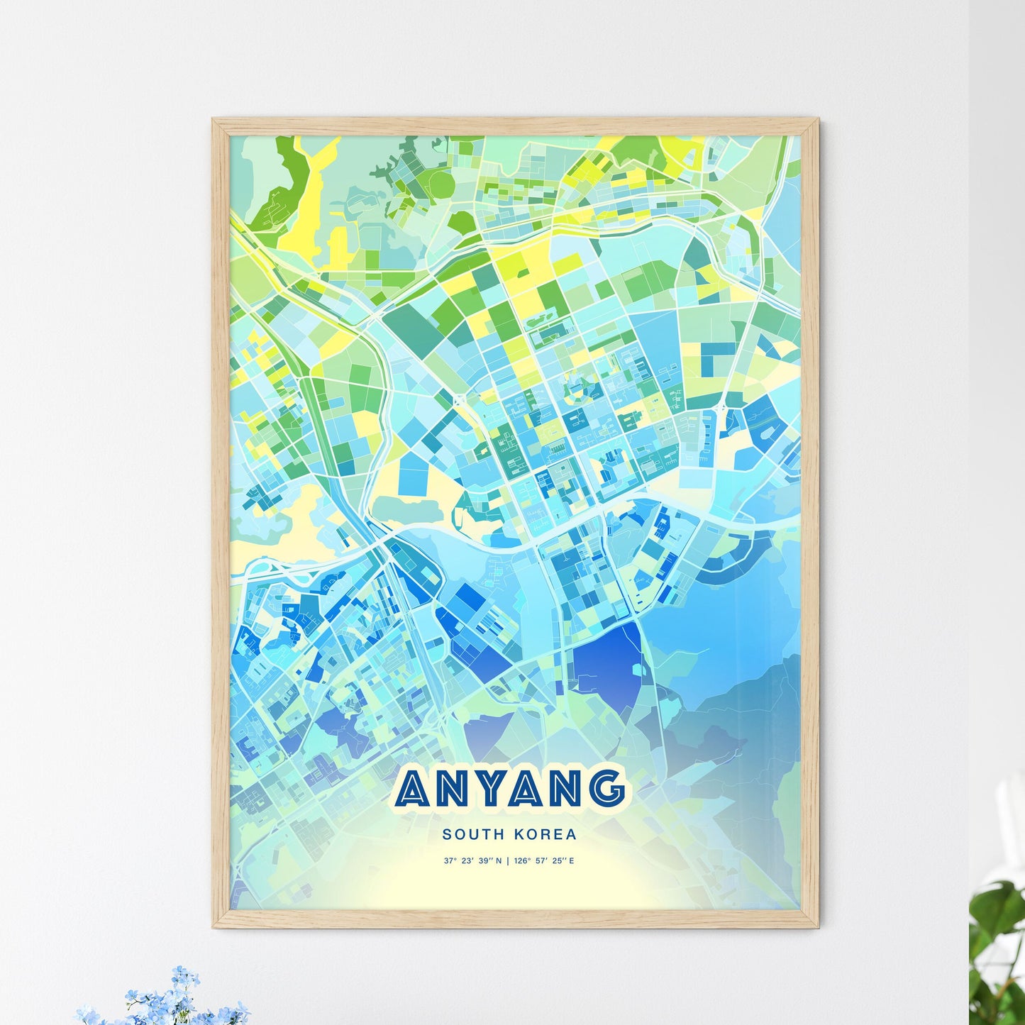 Colorful ANYANG SOUTH KOREA Fine Art Map Cool Blue