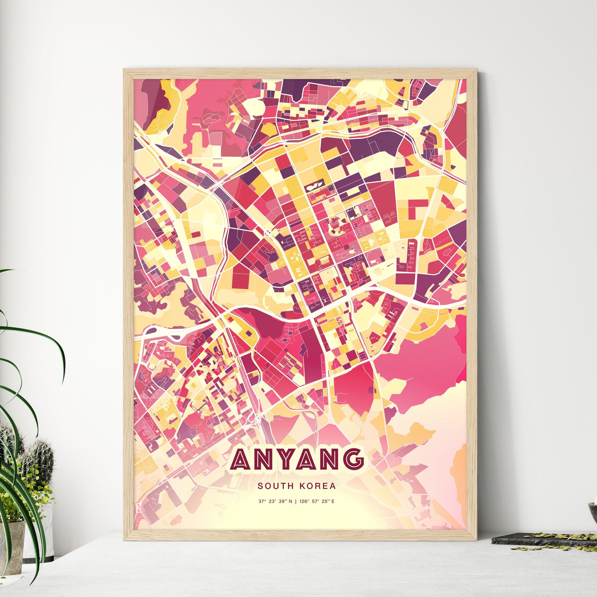 Colorful ANYANG SOUTH KOREA Fine Art Map Hot Red