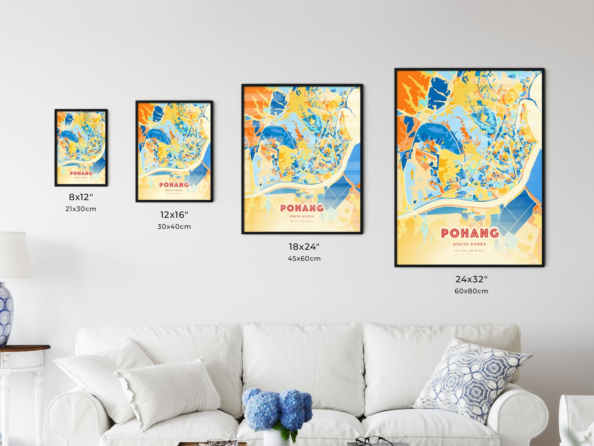 Colorful POHANG SOUTH KOREA Fine Art Map Blue Orange