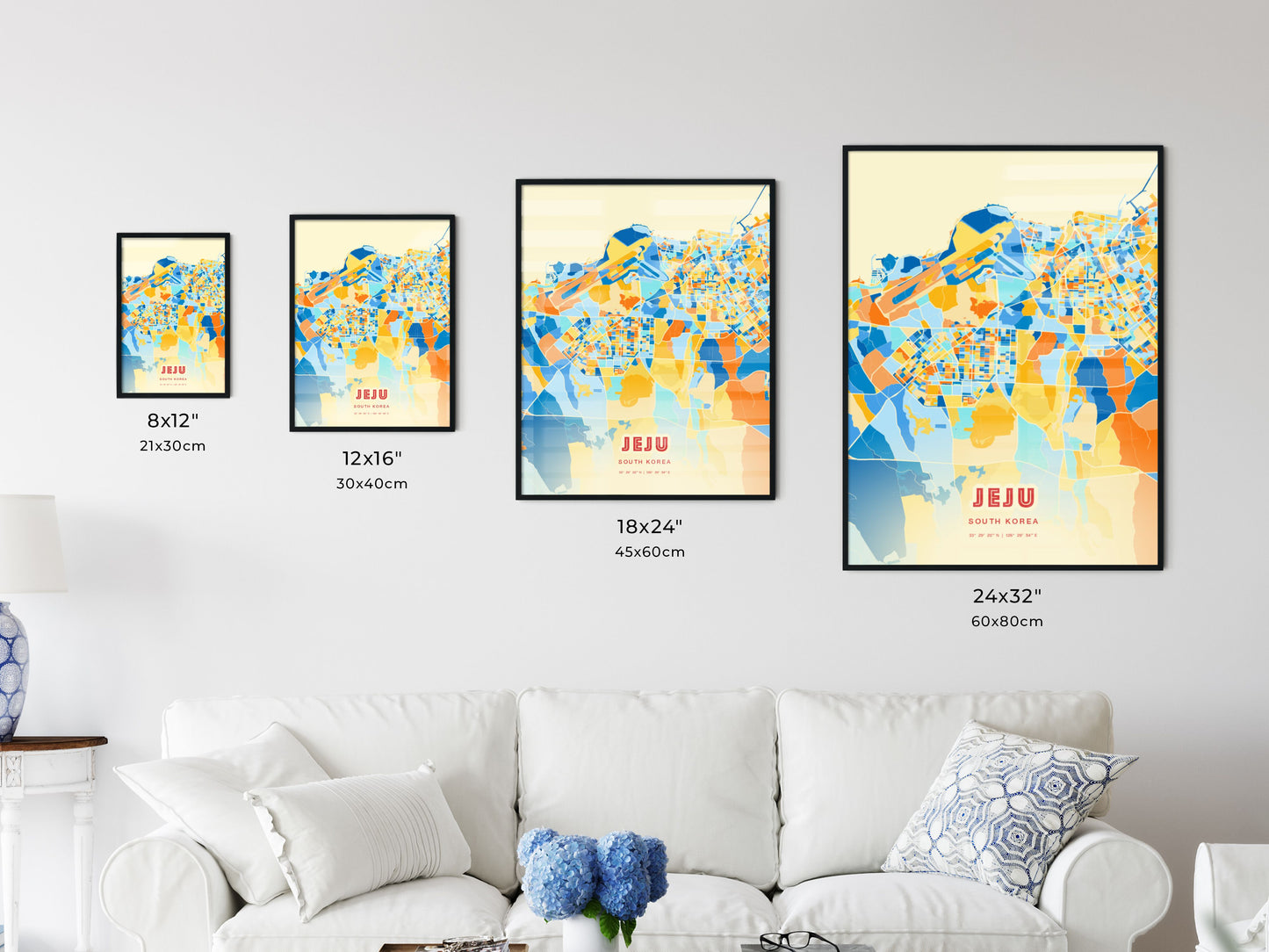 Colorful JEJU SOUTH KOREA Fine Art Map Blue Orange