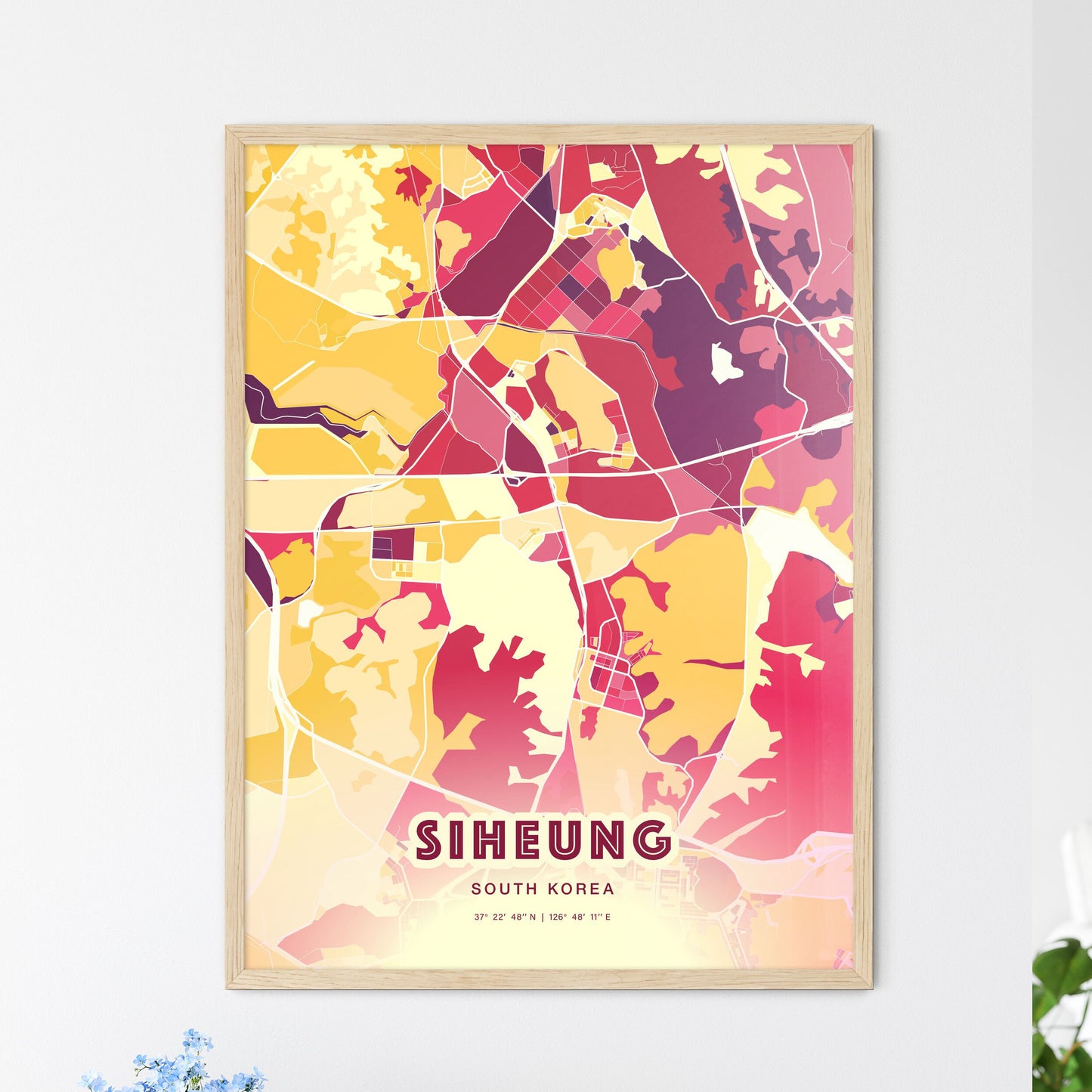 Colorful SIHEUNG SOUTH KOREA Fine Art Map Hot Red