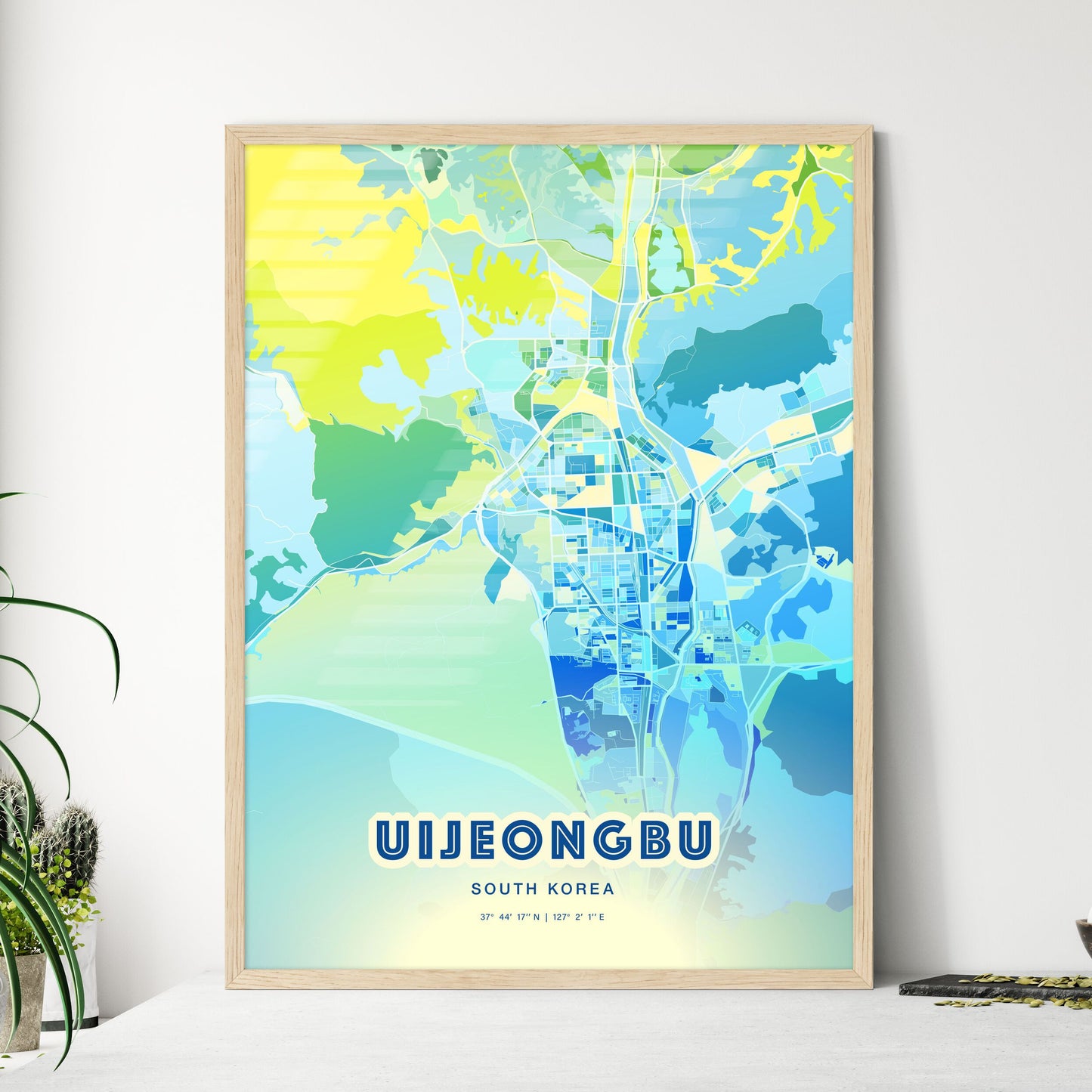 Colorful UIJEONGBU SOUTH KOREA Fine Art Map Cool Blue