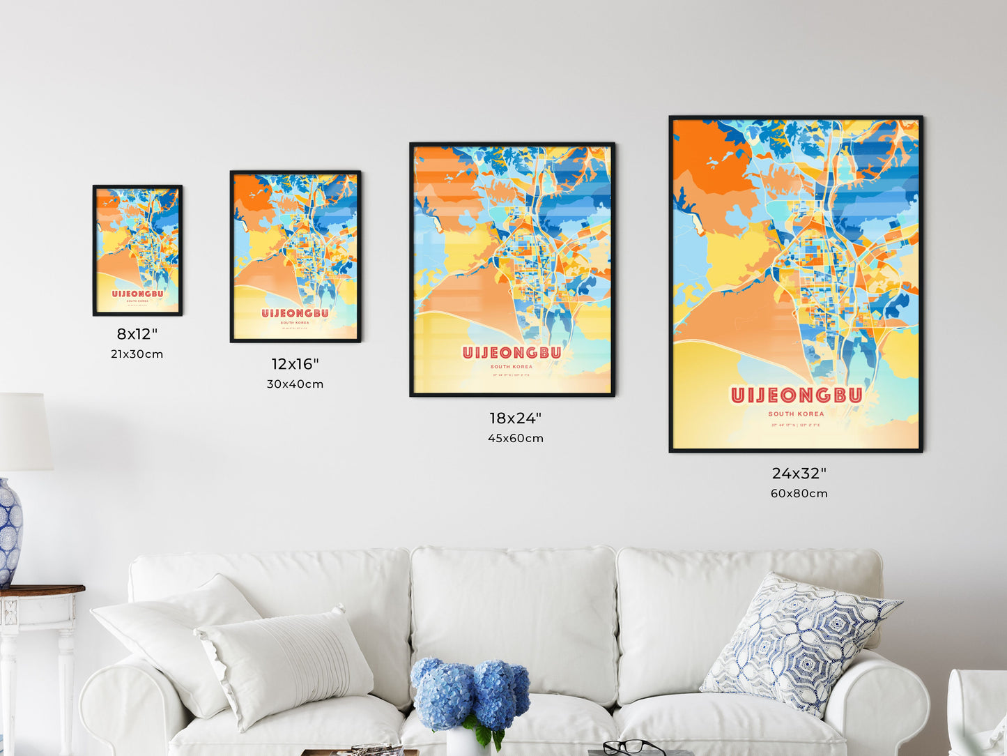 Colorful UIJEONGBU SOUTH KOREA Fine Art Map Blue Orange