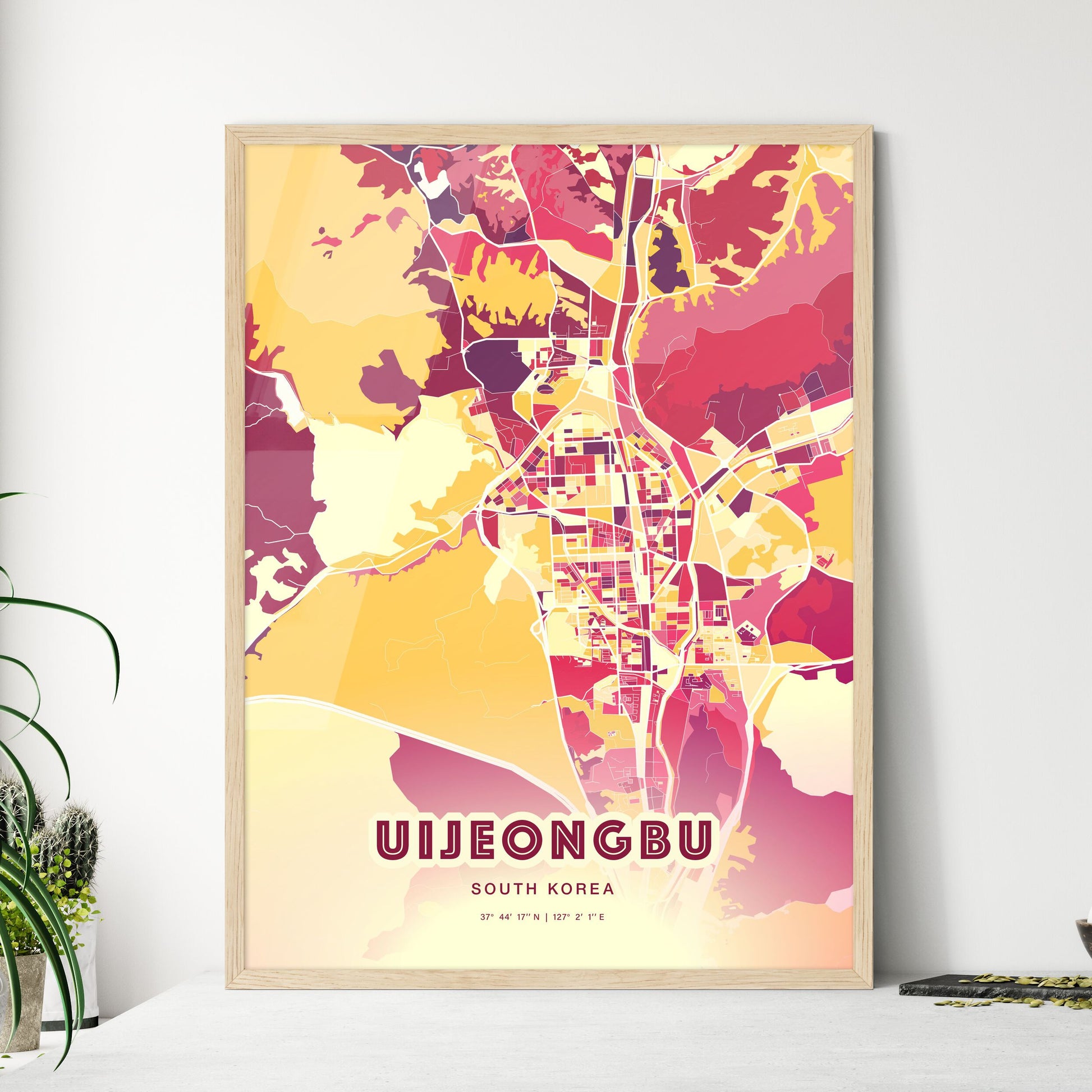 Colorful UIJEONGBU SOUTH KOREA Fine Art Map Hot Red