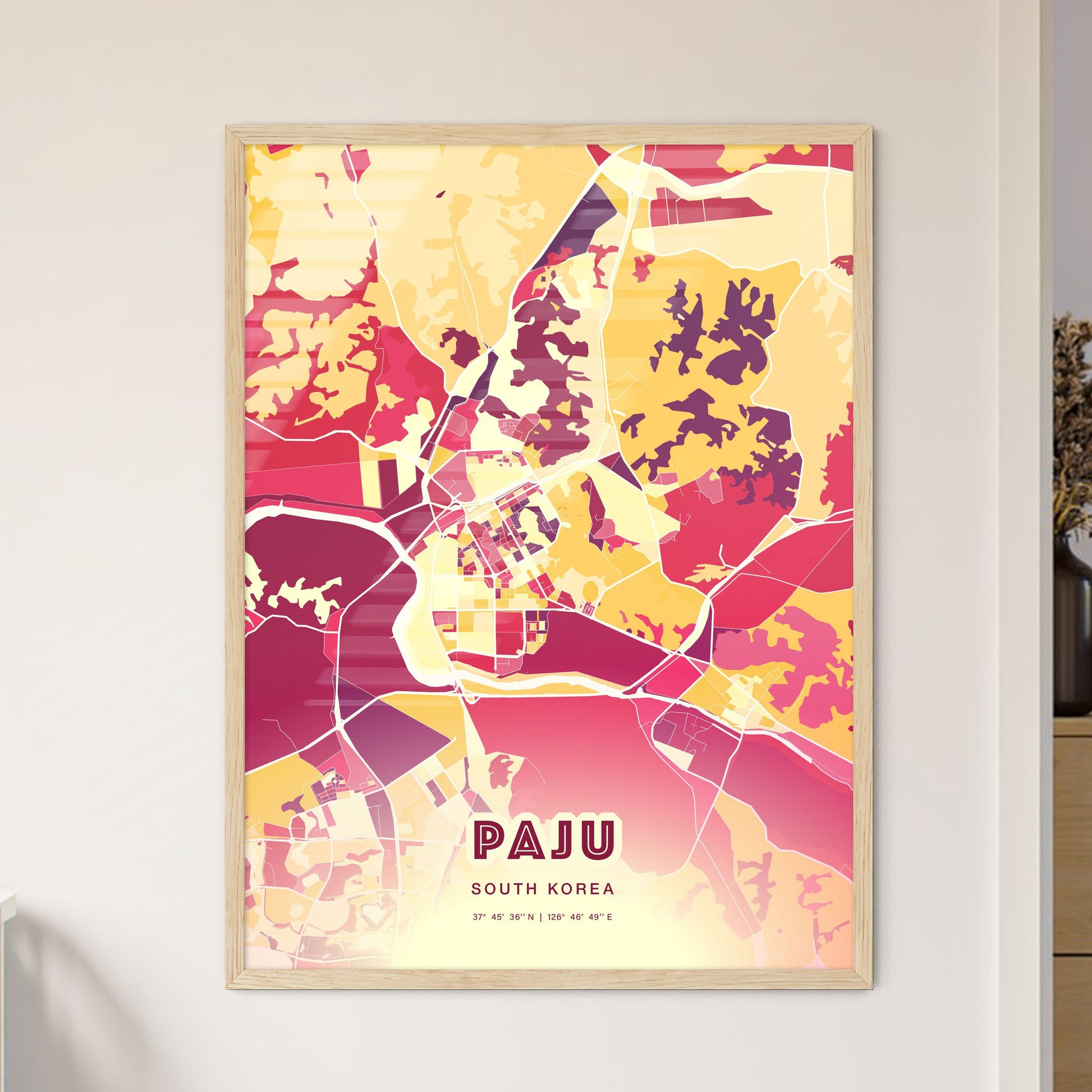 Colorful PAJU SOUTH KOREA Fine Art Map Hot Red