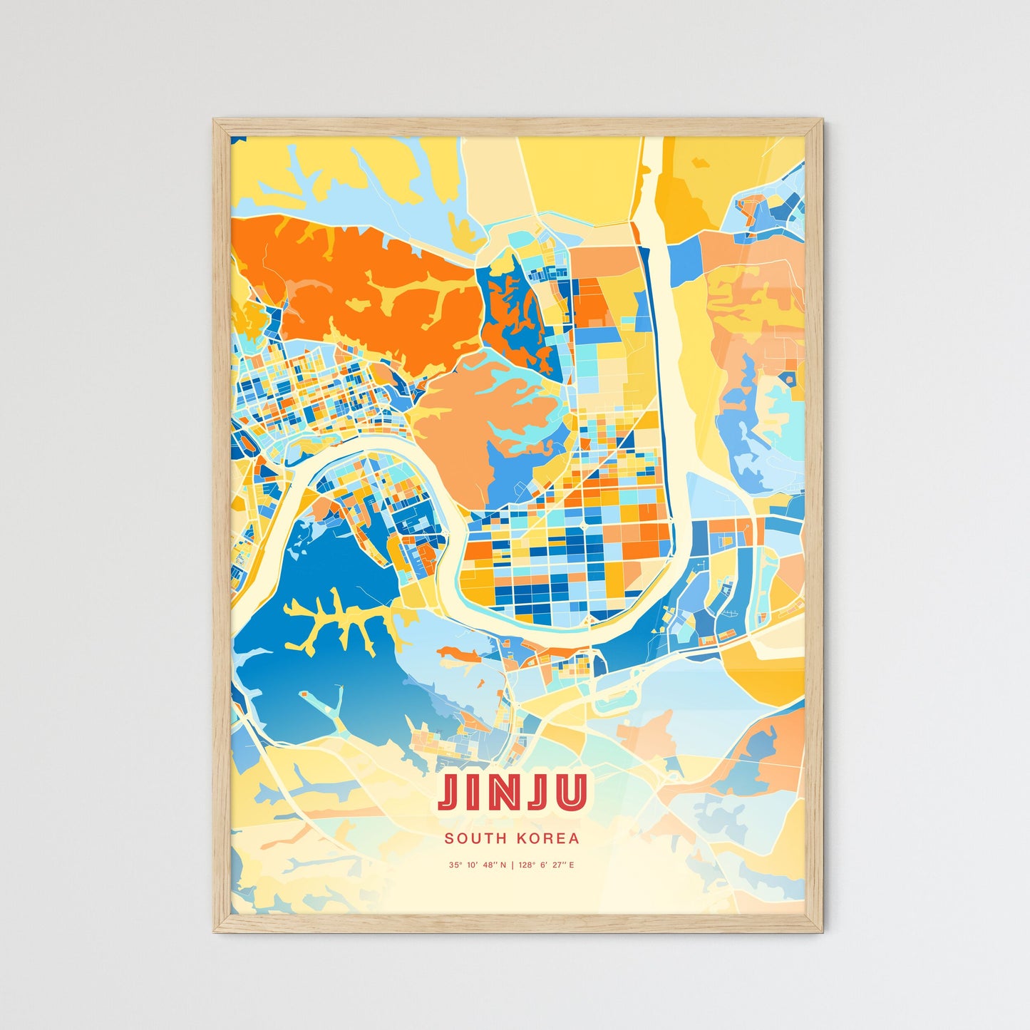 Colorful JINJU SOUTH KOREA Fine Art Map Blue Orange