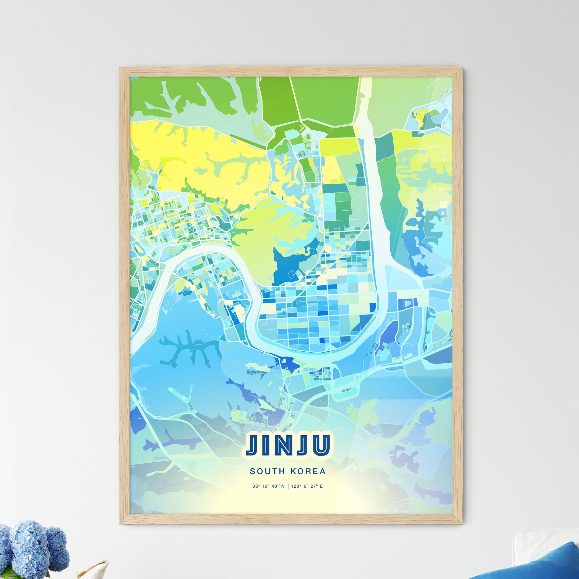 Colorful JINJU SOUTH KOREA Fine Art Map Cool Blue