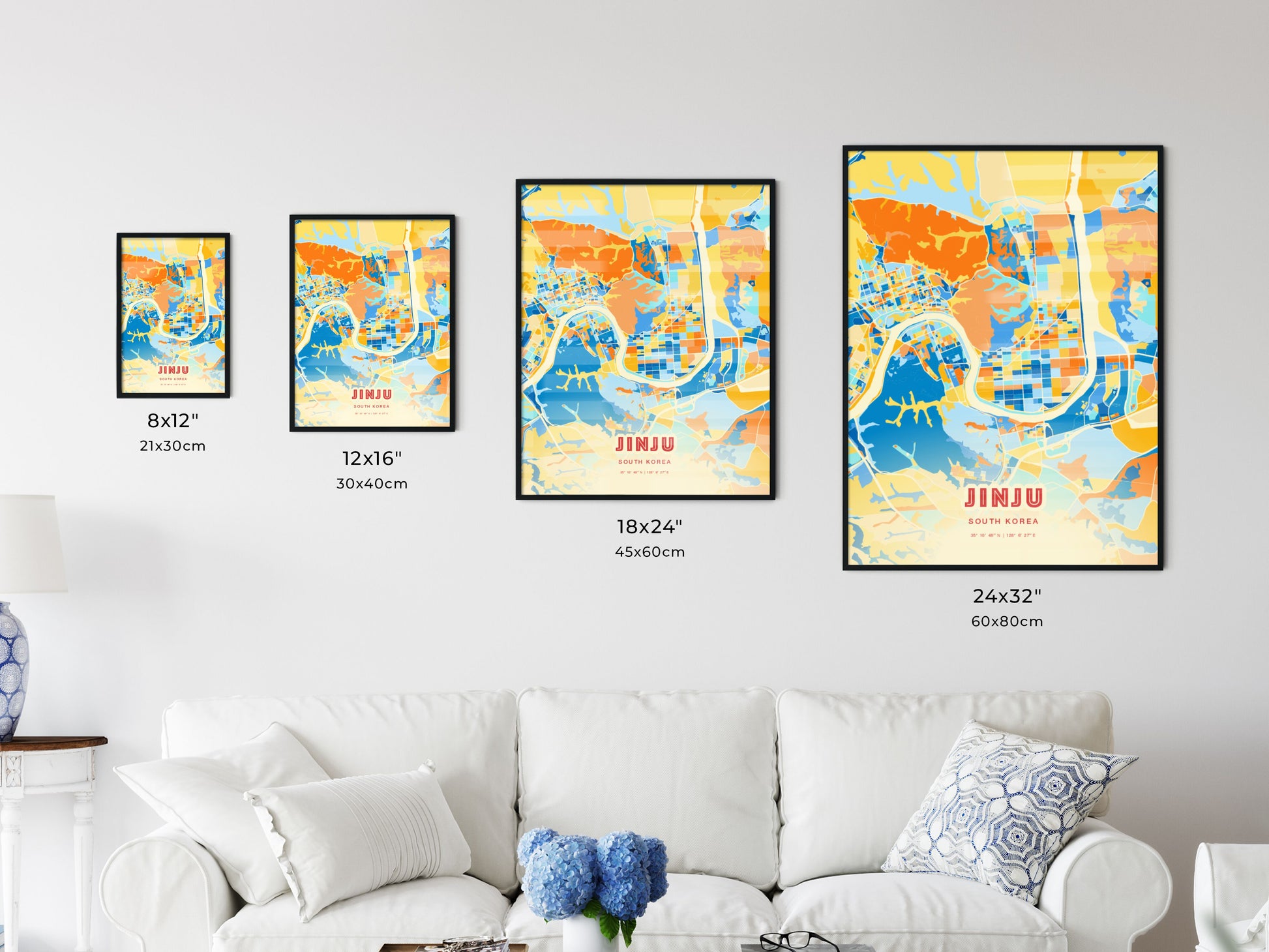 Colorful JINJU SOUTH KOREA Fine Art Map Blue Orange