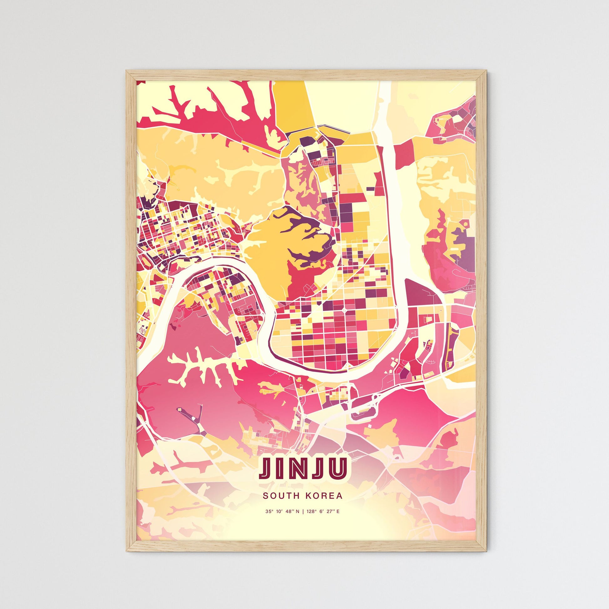 Colorful JINJU SOUTH KOREA Fine Art Map Hot Red