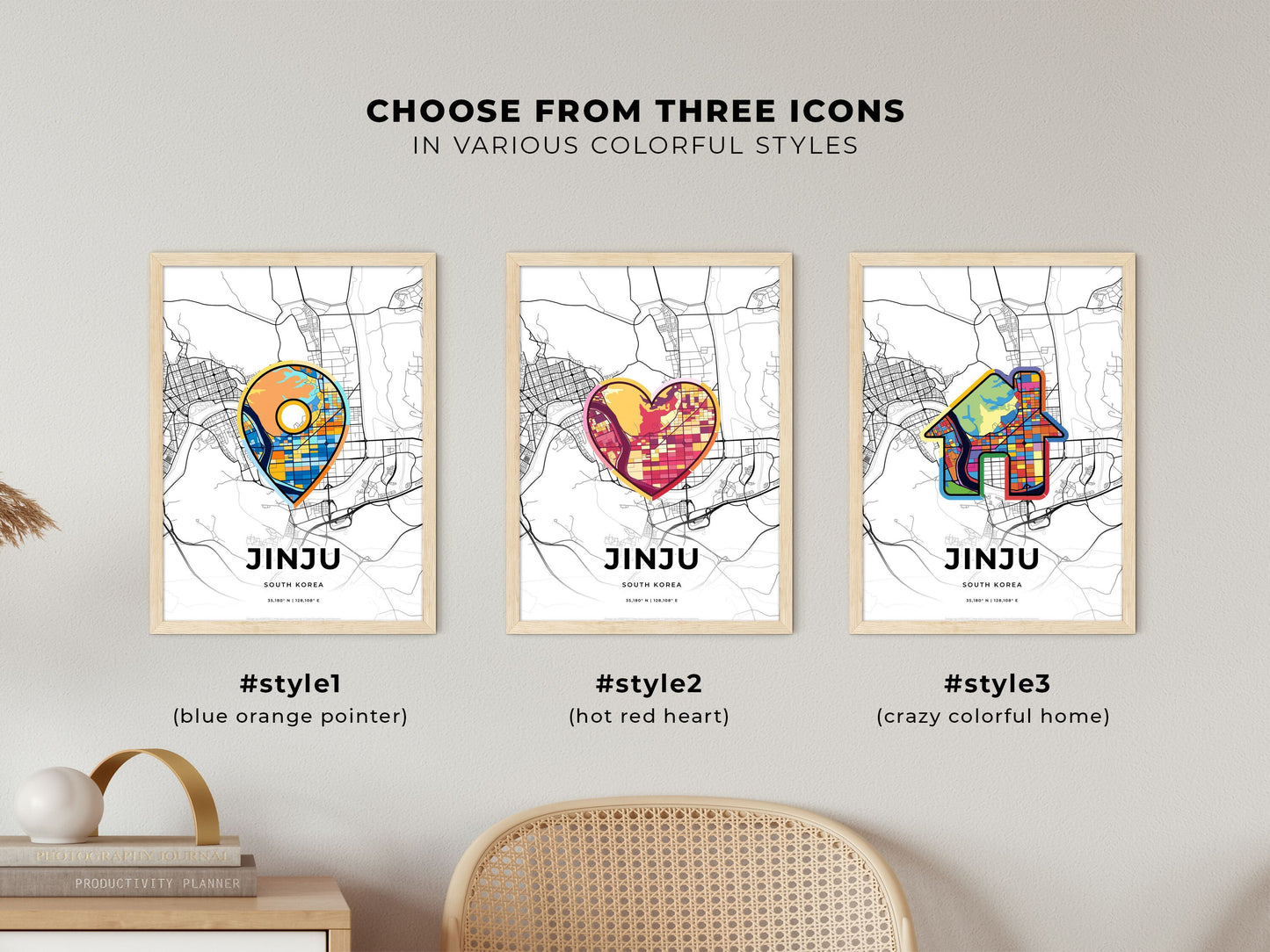 JINJU SOUTH KOREA minimal art map with a colorful icon. Where it all began, Couple map gift.